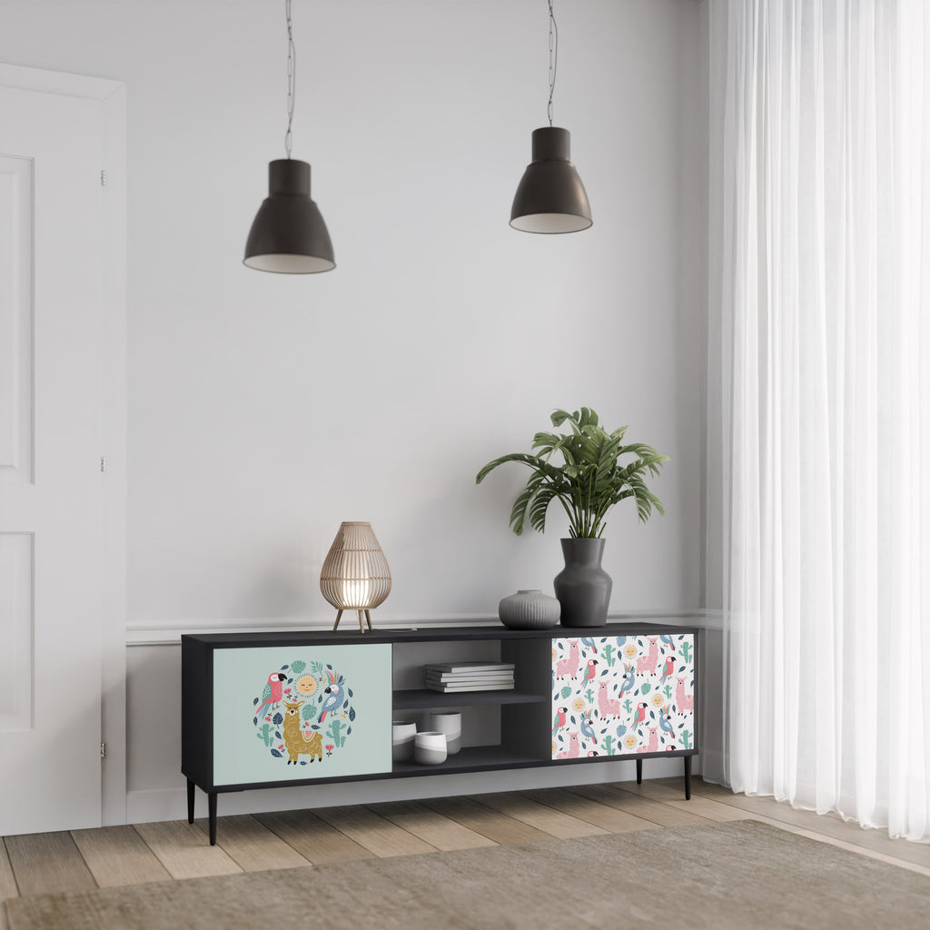 Mueble de TV de 2 puertas COLORFUL ALPACAS en acabado negro