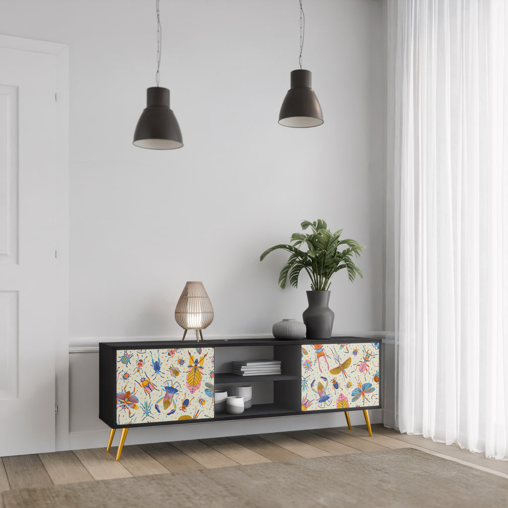 Mueble de TV de 2 puertas COLORFUL INSECTS en acabado negro