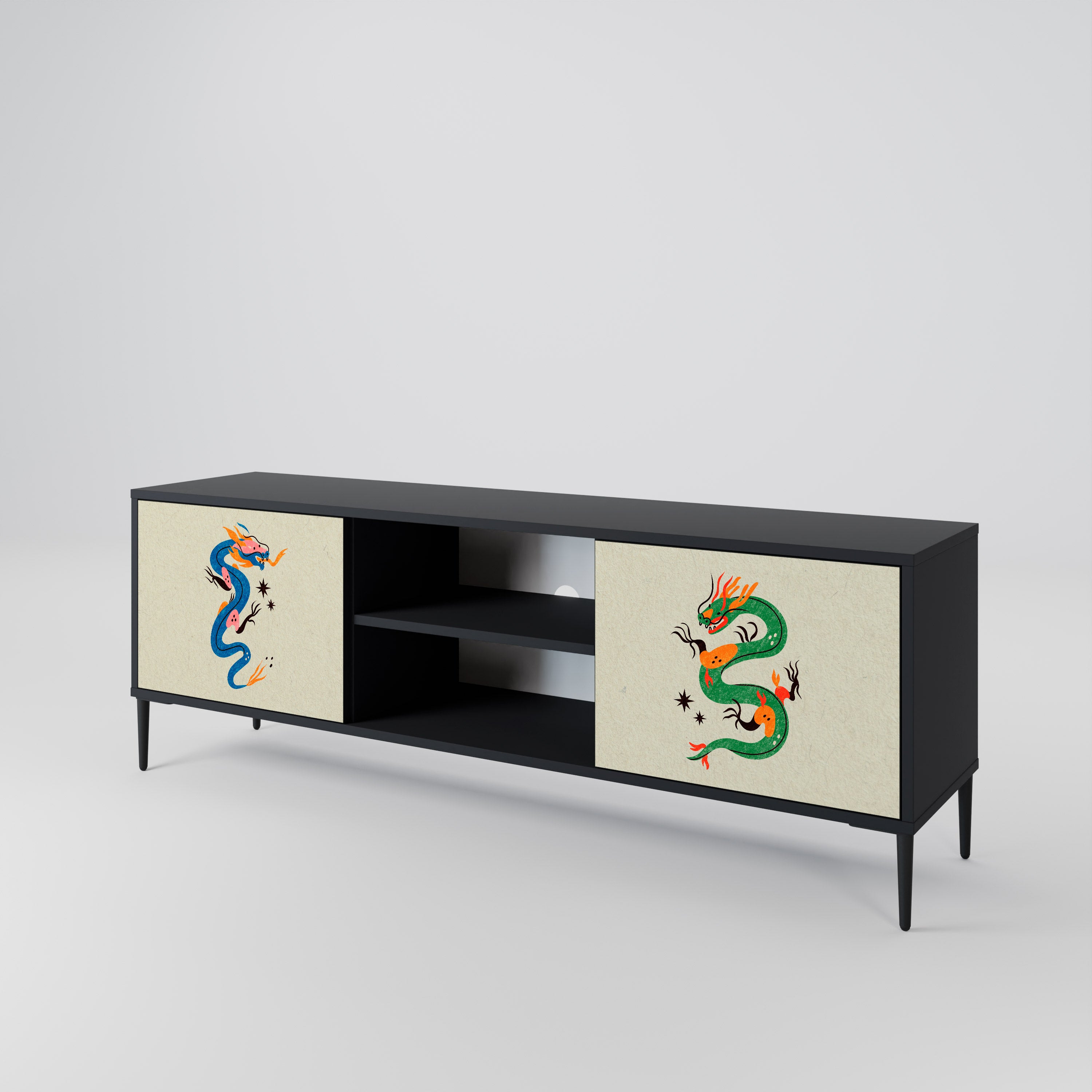 Mueble de TV de 2 puertas con acabado negro CRIATURAS MITOLÓGICAS