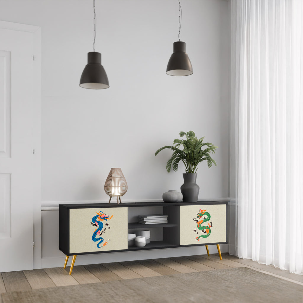 Mueble de TV de 2 puertas con acabado negro CRIATURAS MITOLÓGICAS