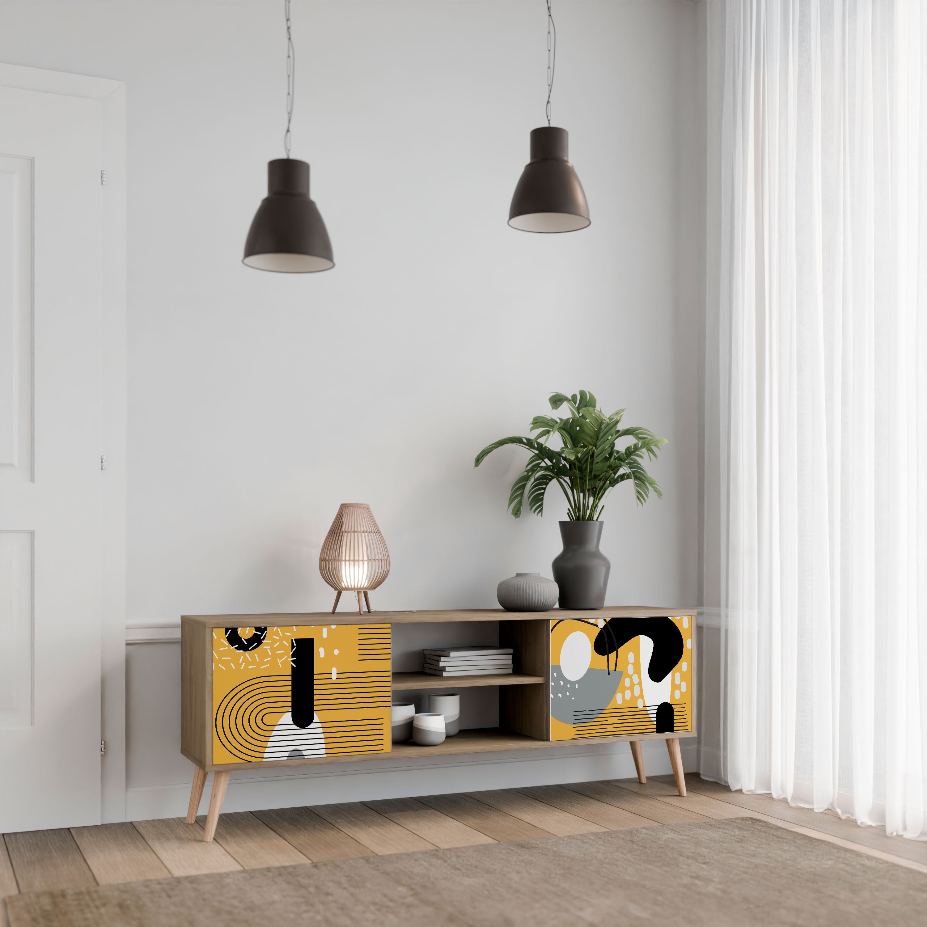 Mueble de TV de 2 puertas SHAPESHIFT SYMPHONY con efecto roble