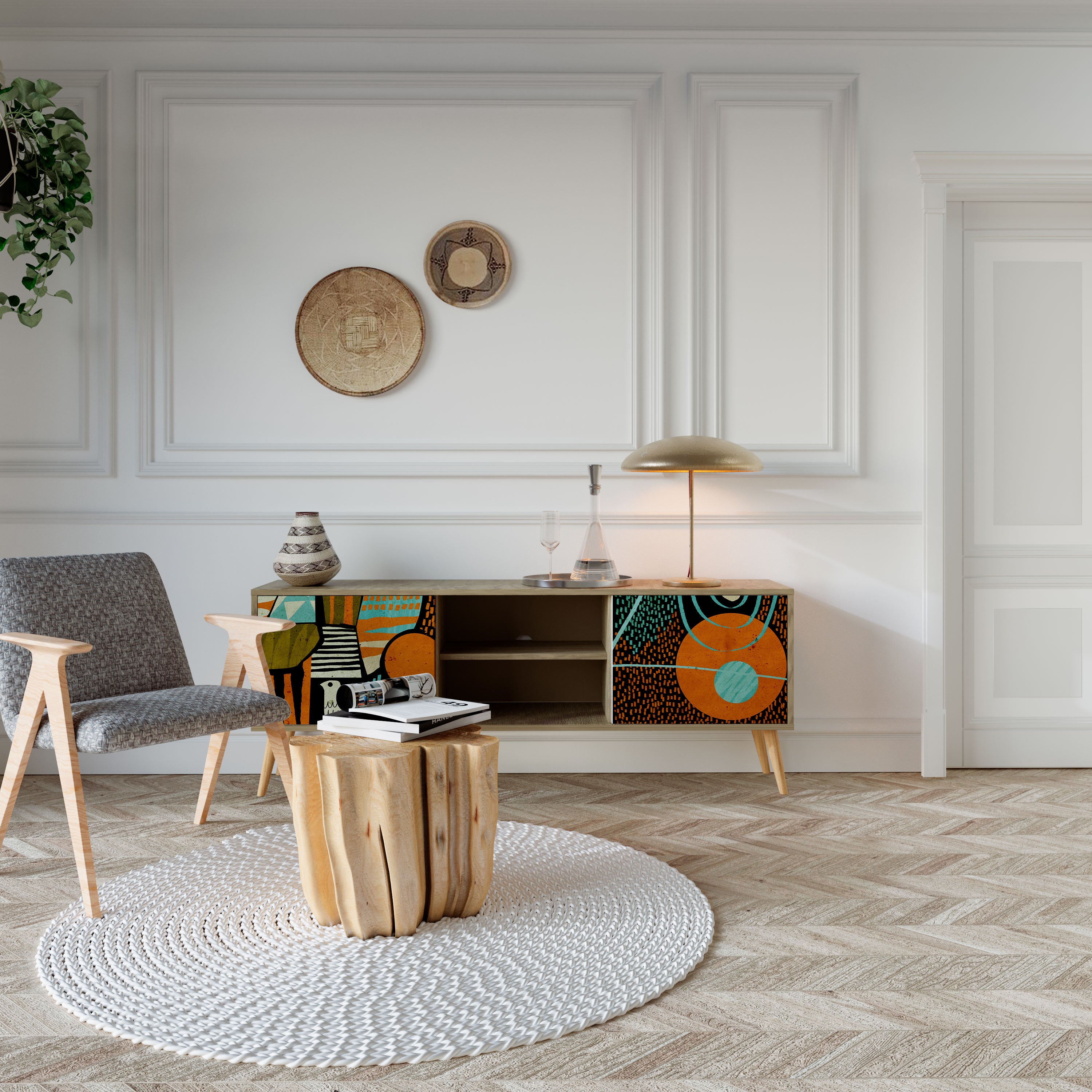 Mueble de TV de 2 puertas GEODE GLIMMER con efecto roble