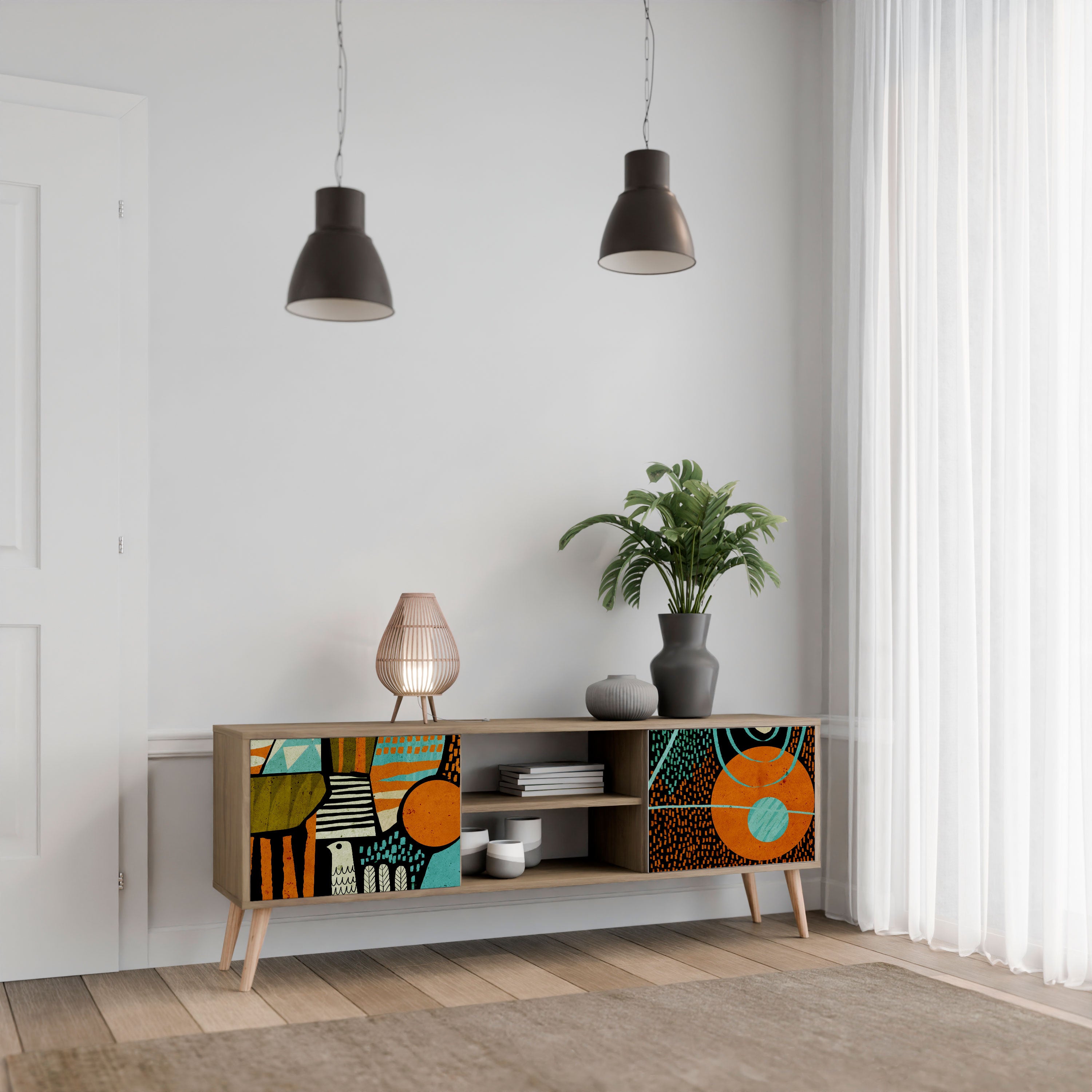 Mueble de TV de 2 puertas GEODE GLIMMER con efecto roble