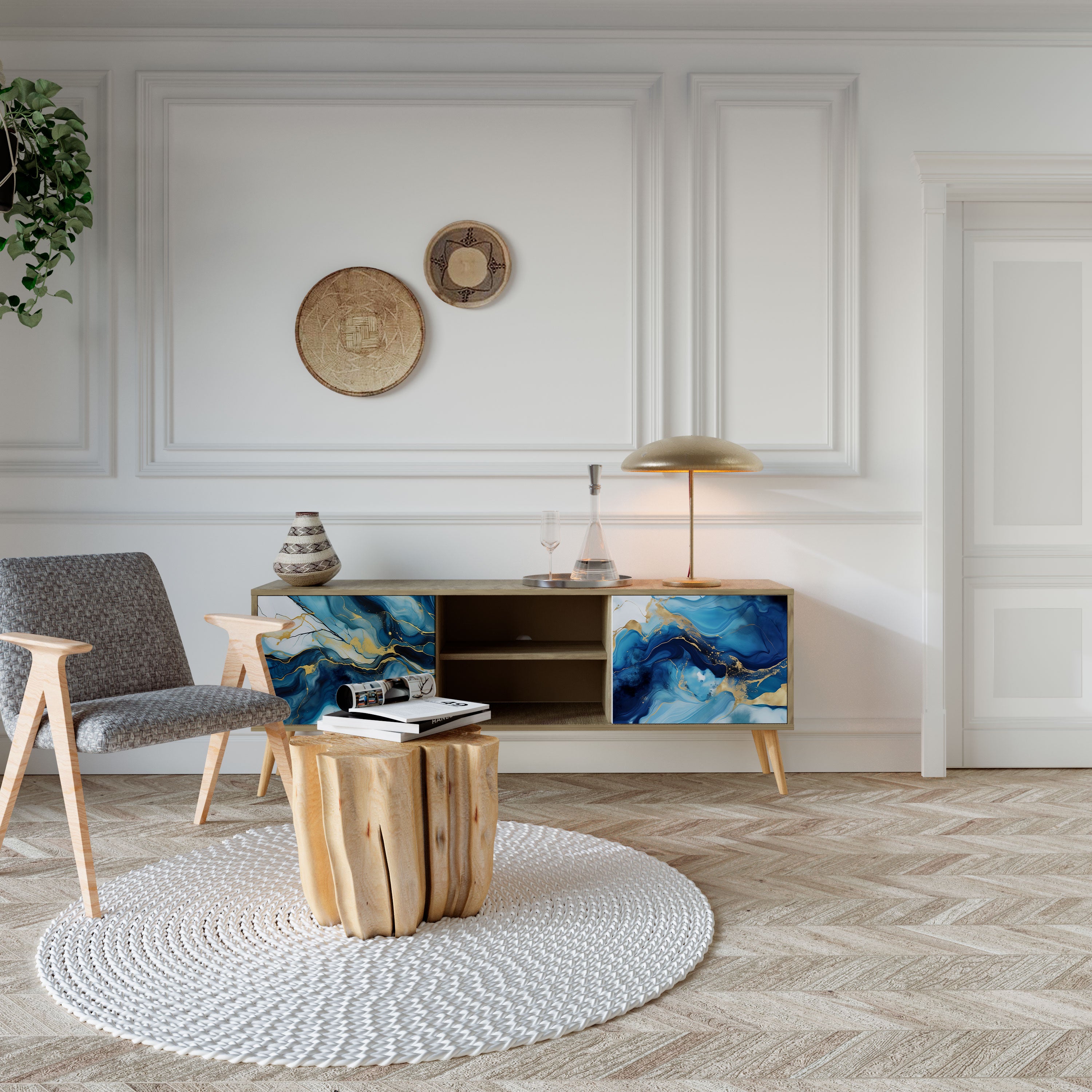 Mueble de TV de 2 puertas INKY MARBLE con efecto roble