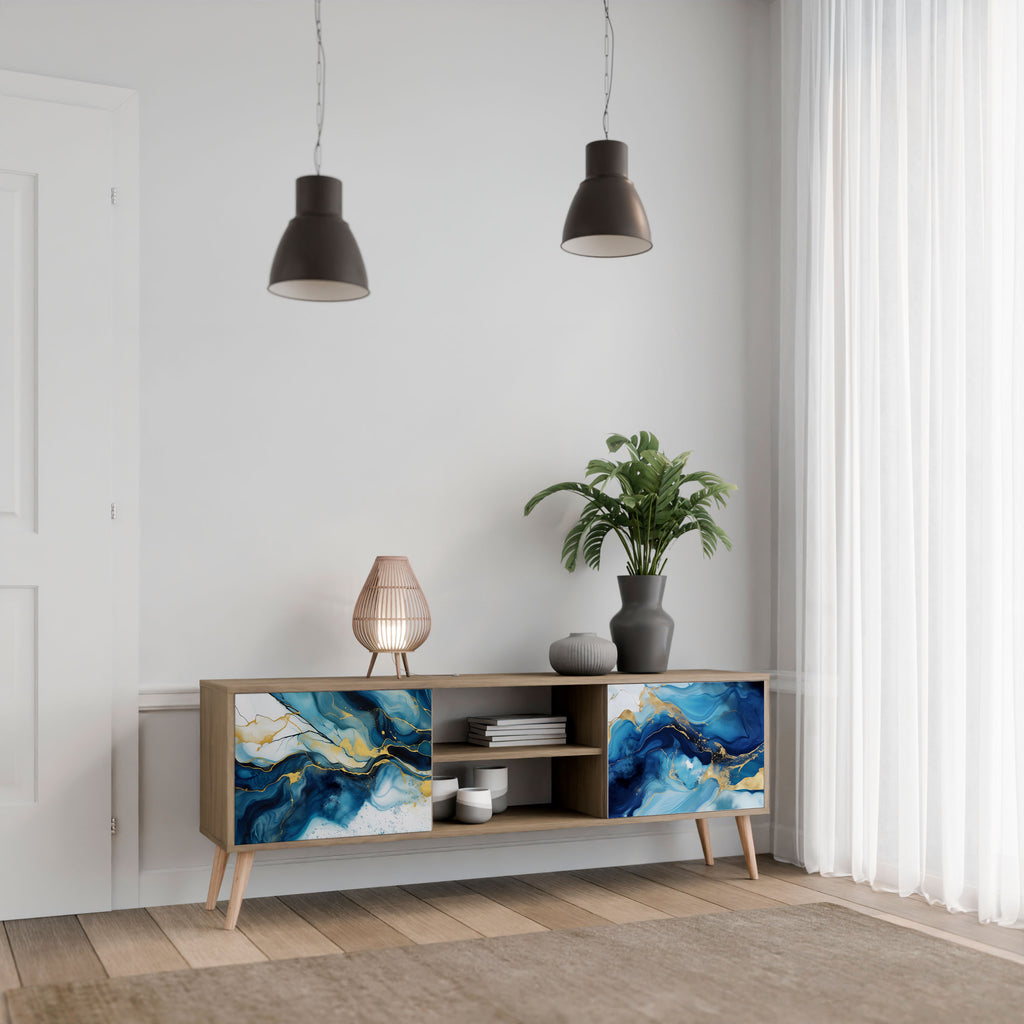 Mueble de TV de 2 puertas INKY MARBLE con efecto roble
