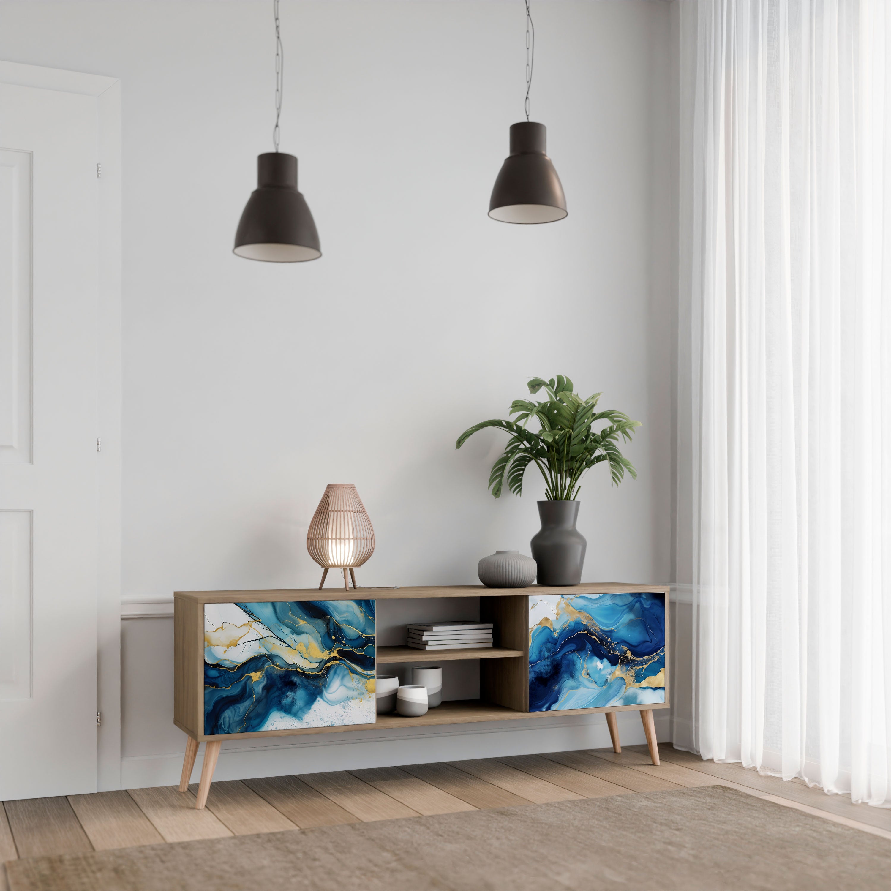 Mueble de TV de 2 puertas INKY MARBLE con efecto roble
