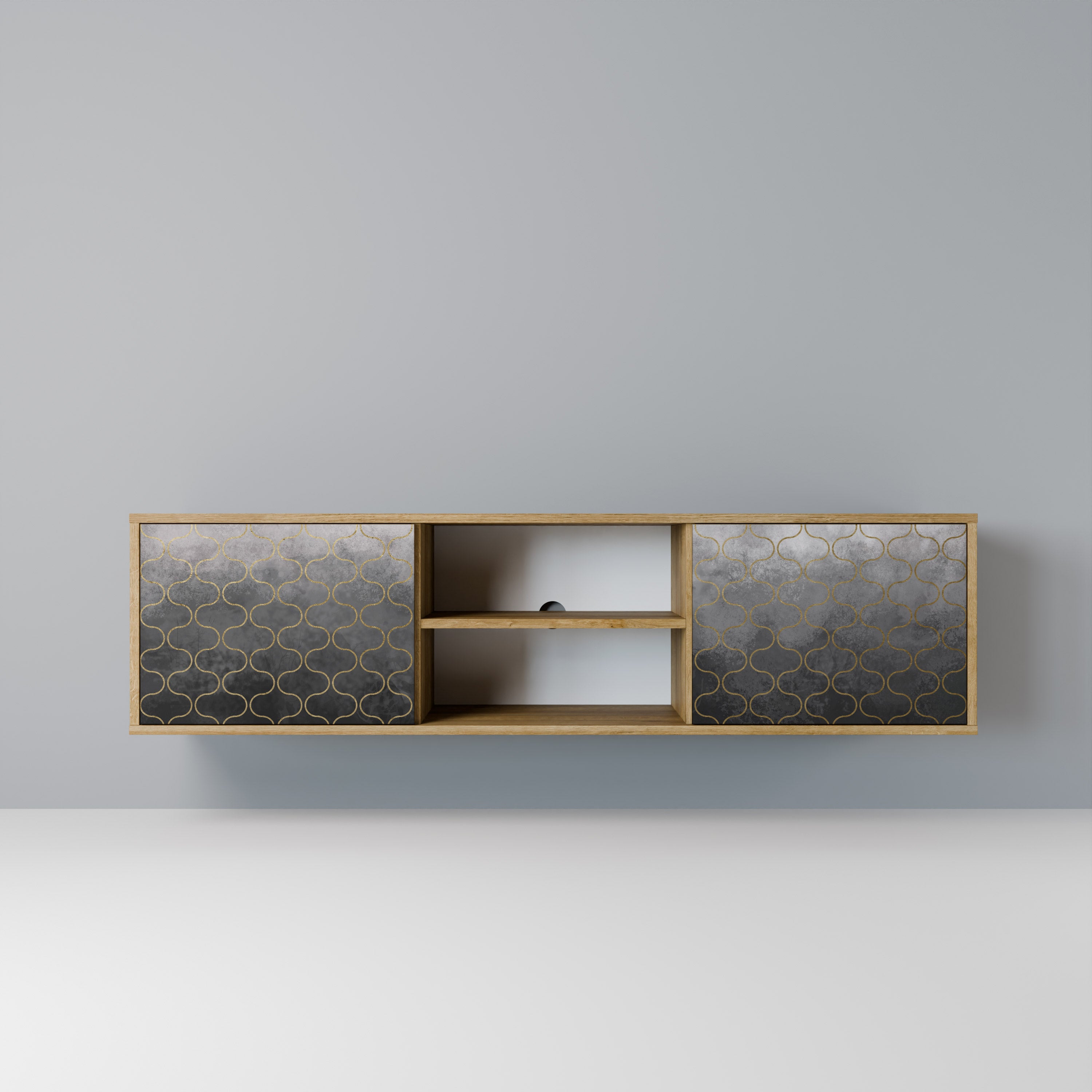 Mueble de TV de 2 puertas en color grisáceo teselado con efecto roble