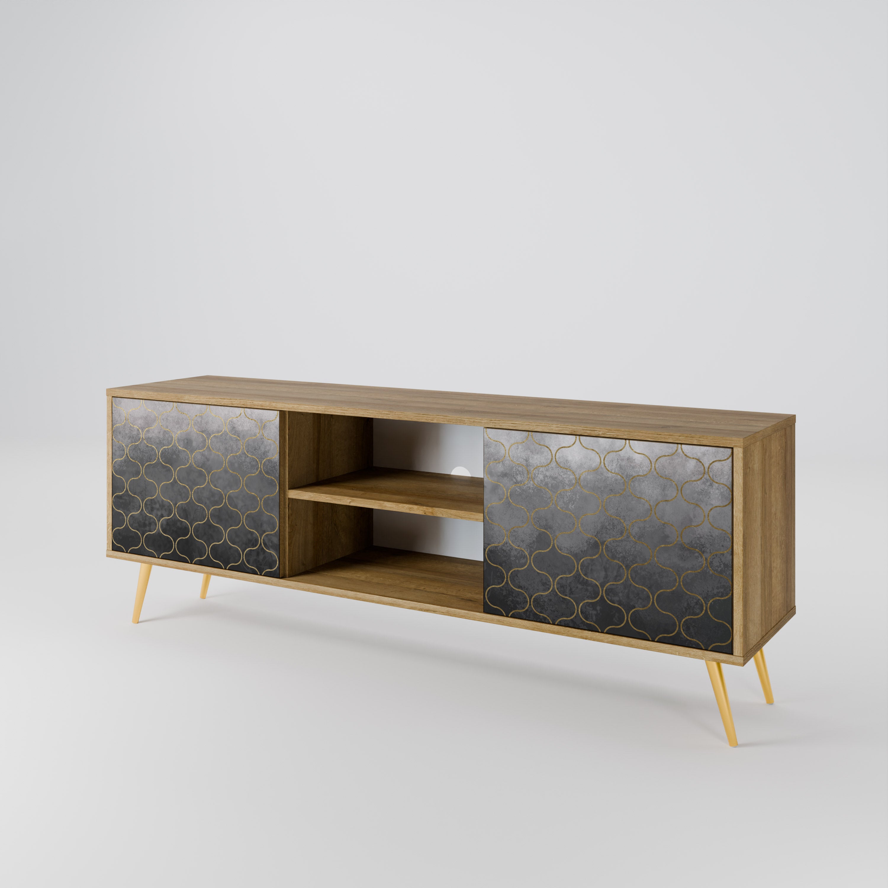 Mueble de TV de 2 puertas en color grisáceo teselado con efecto roble