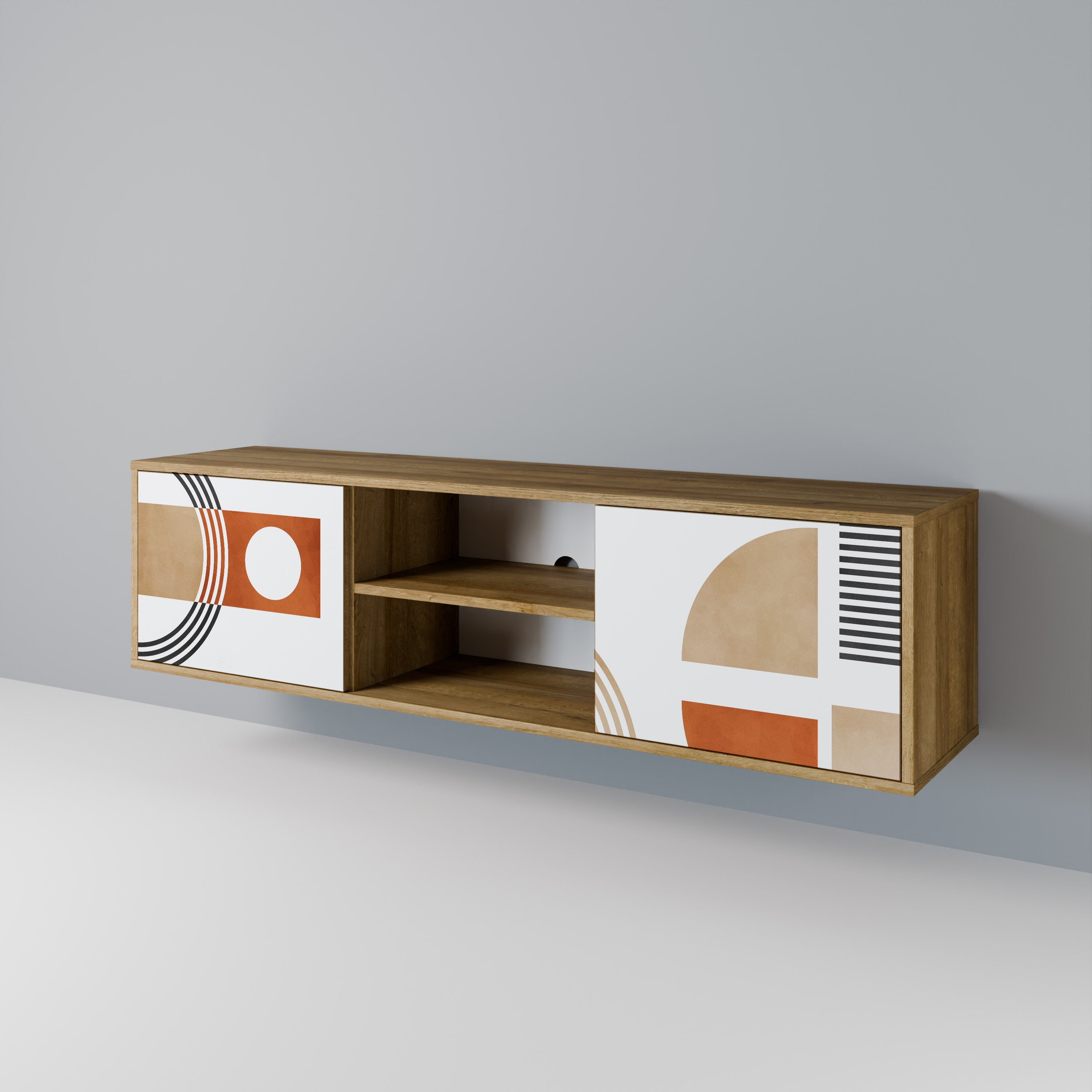 Mueble de TV de 2 puertas CIRCLE RHYTM con efecto roble