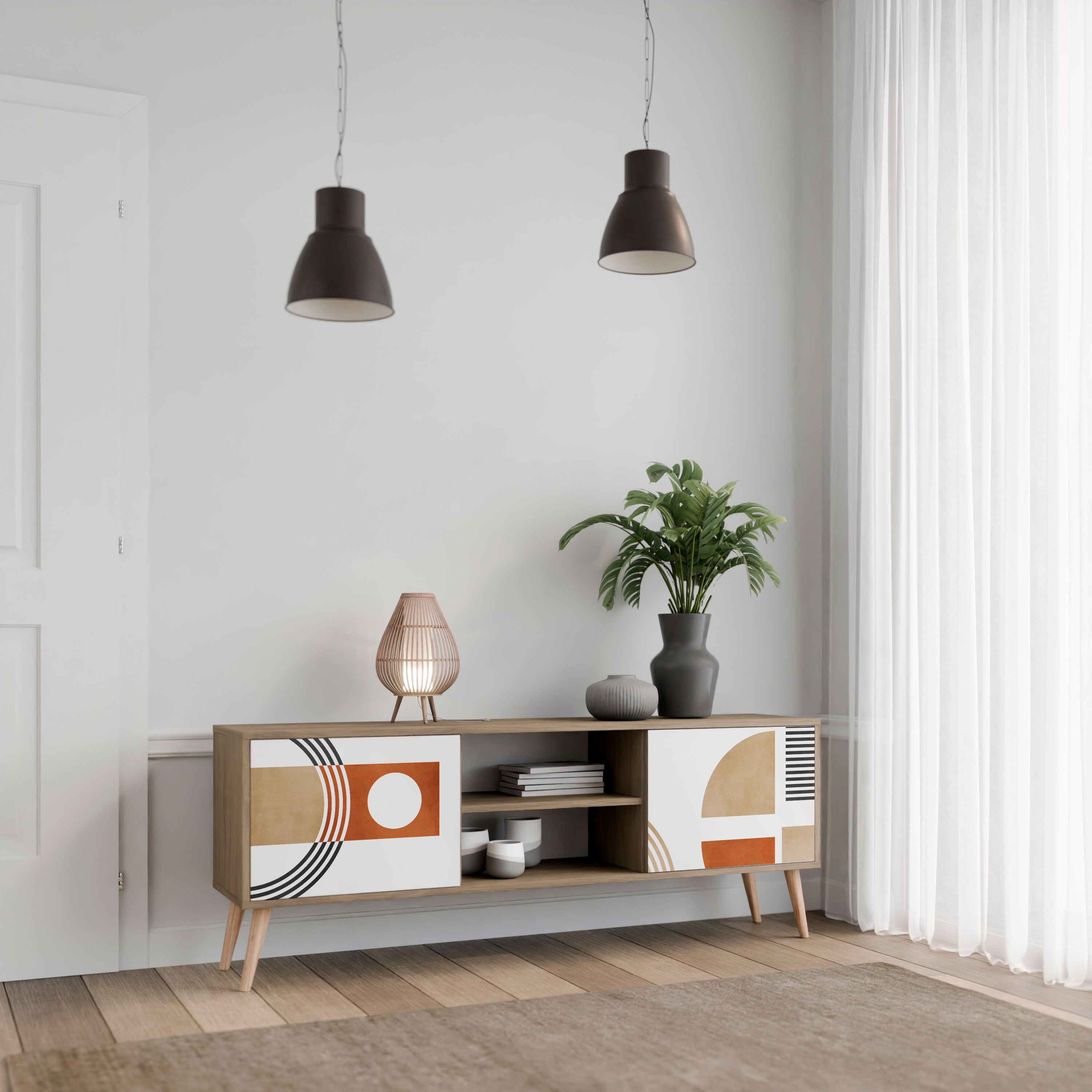 Mueble de TV de 2 puertas CIRCLE RHYTM con efecto roble