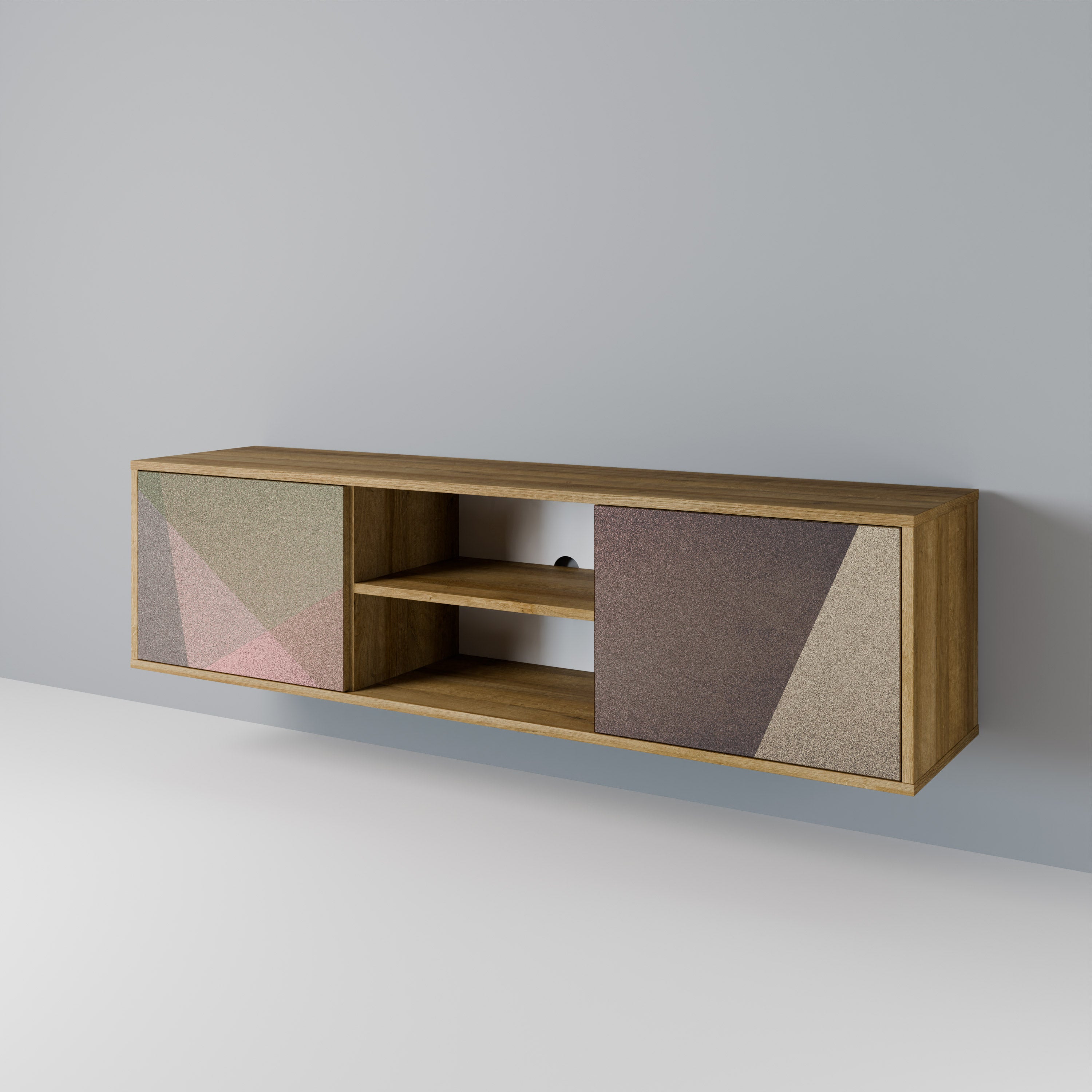 Mueble de TV de 2 puertas BEIGE GEOMETRY con efecto roble