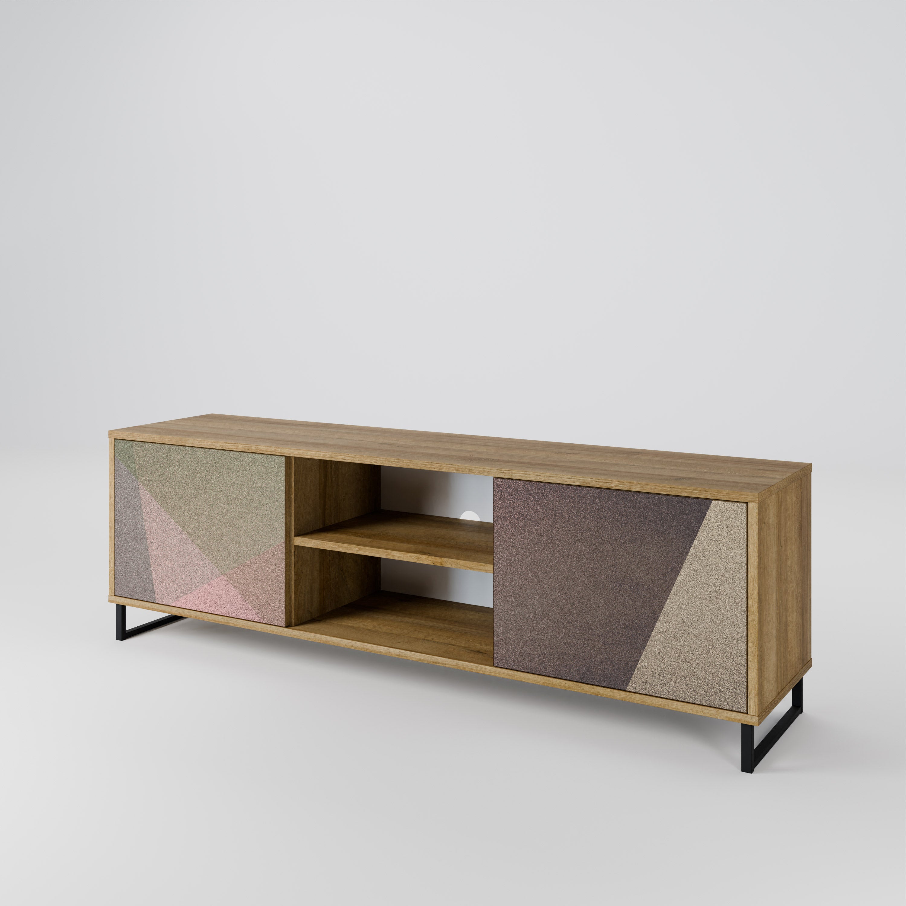 Mueble de TV de 2 puertas BEIGE GEOMETRY con efecto roble