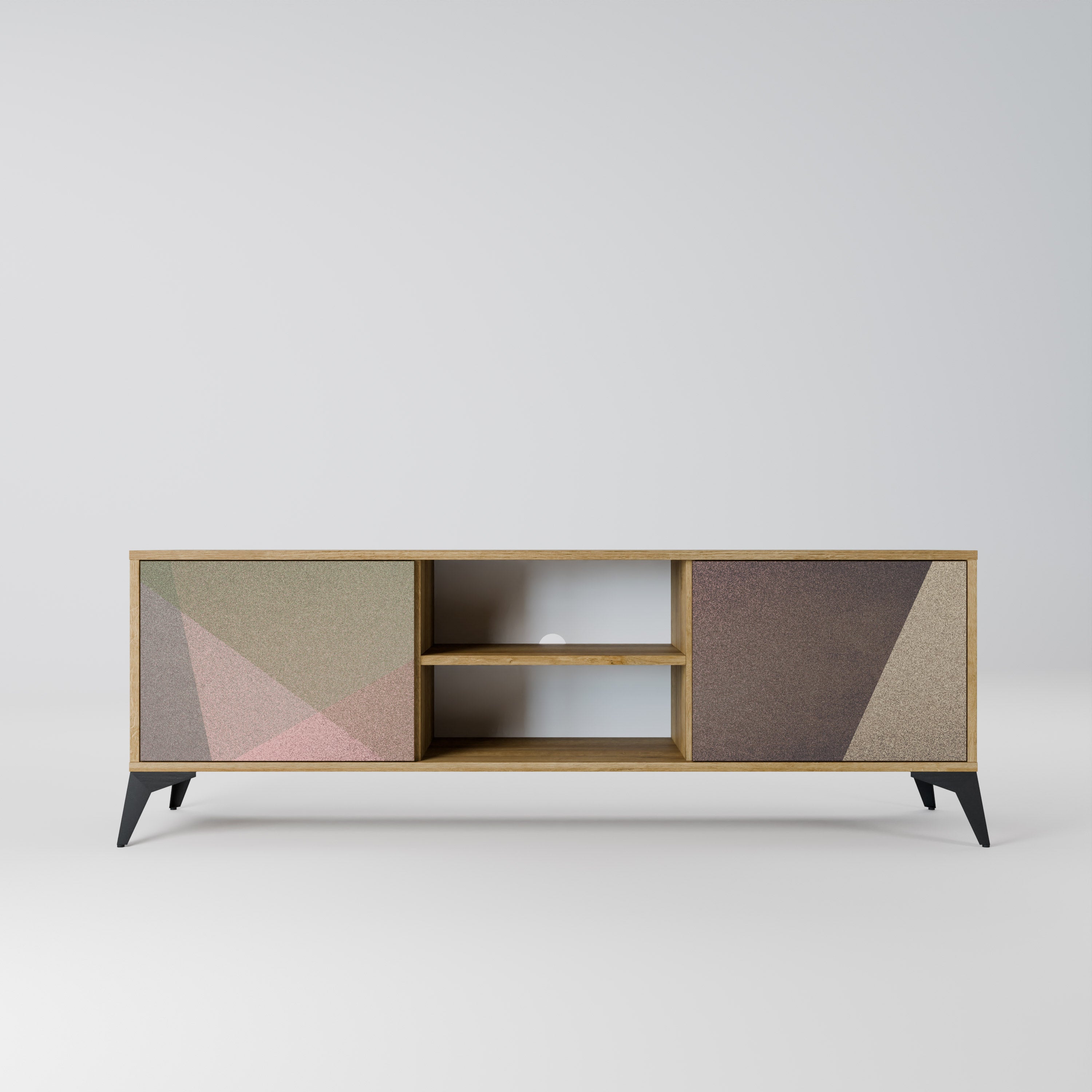 Mueble de TV de 2 puertas BEIGE GEOMETRY con efecto roble