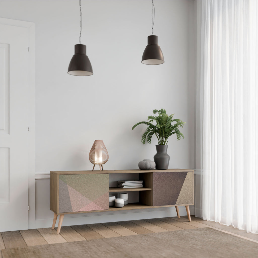 Mueble de TV de 2 puertas BEIGE GEOMETRY con efecto roble