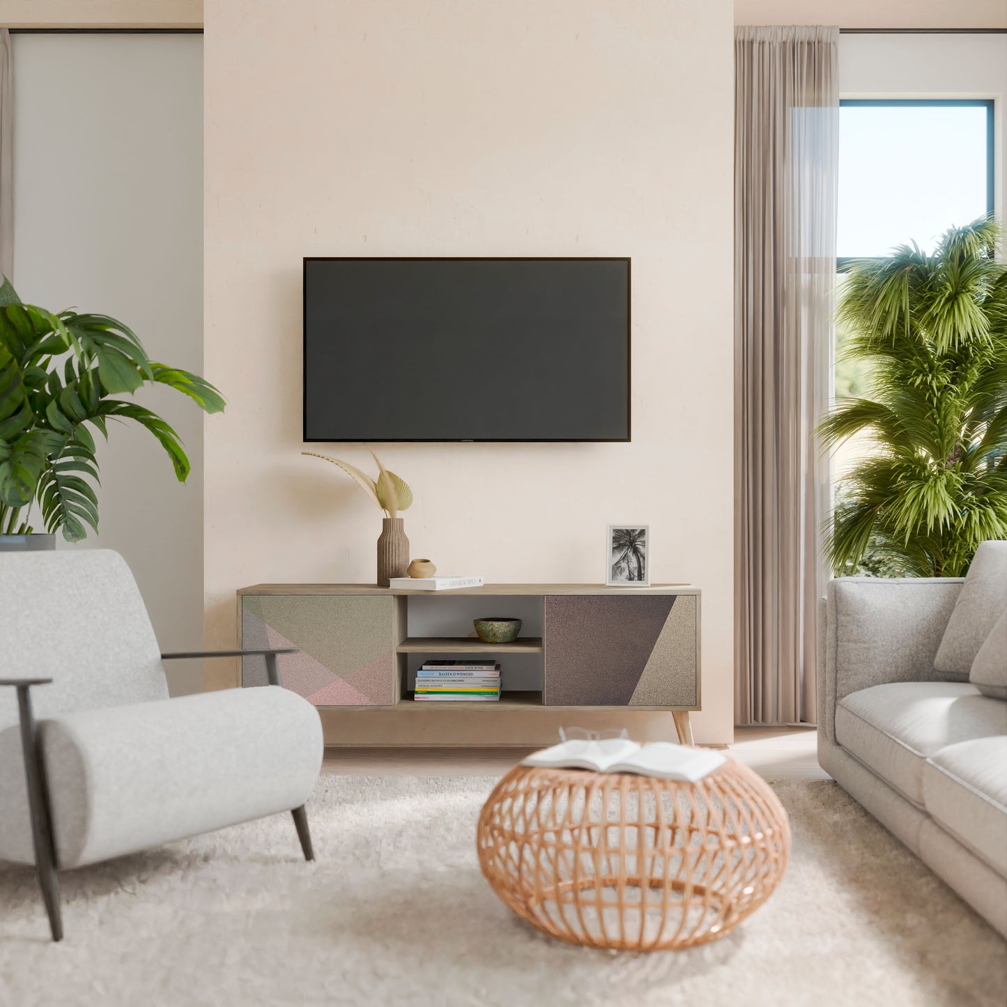 BEIGE GEOMETRY Mueble de TV de 2 Puertas