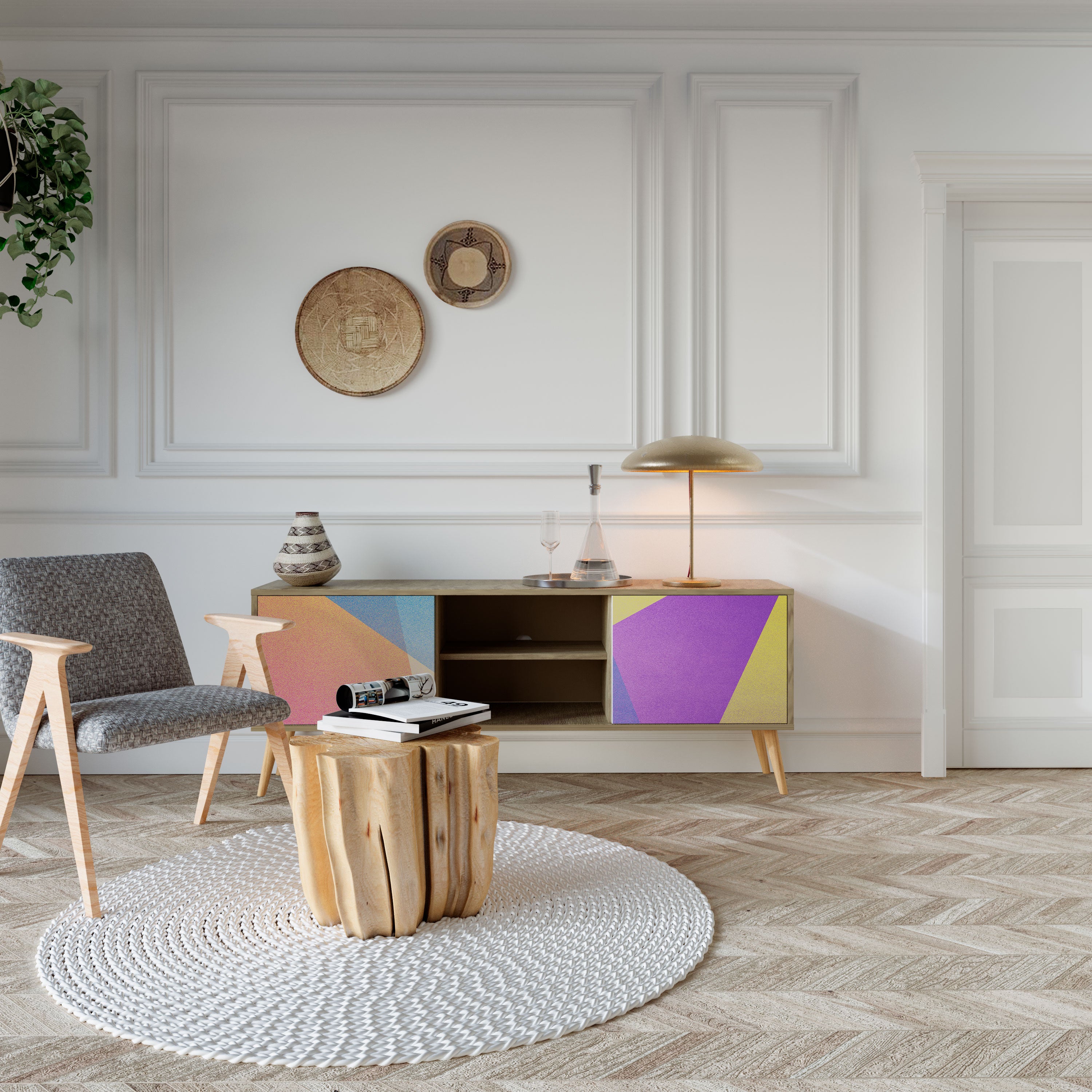 Mueble de TV de 2 puertas BRIGHT GEOMETRY con efecto roble