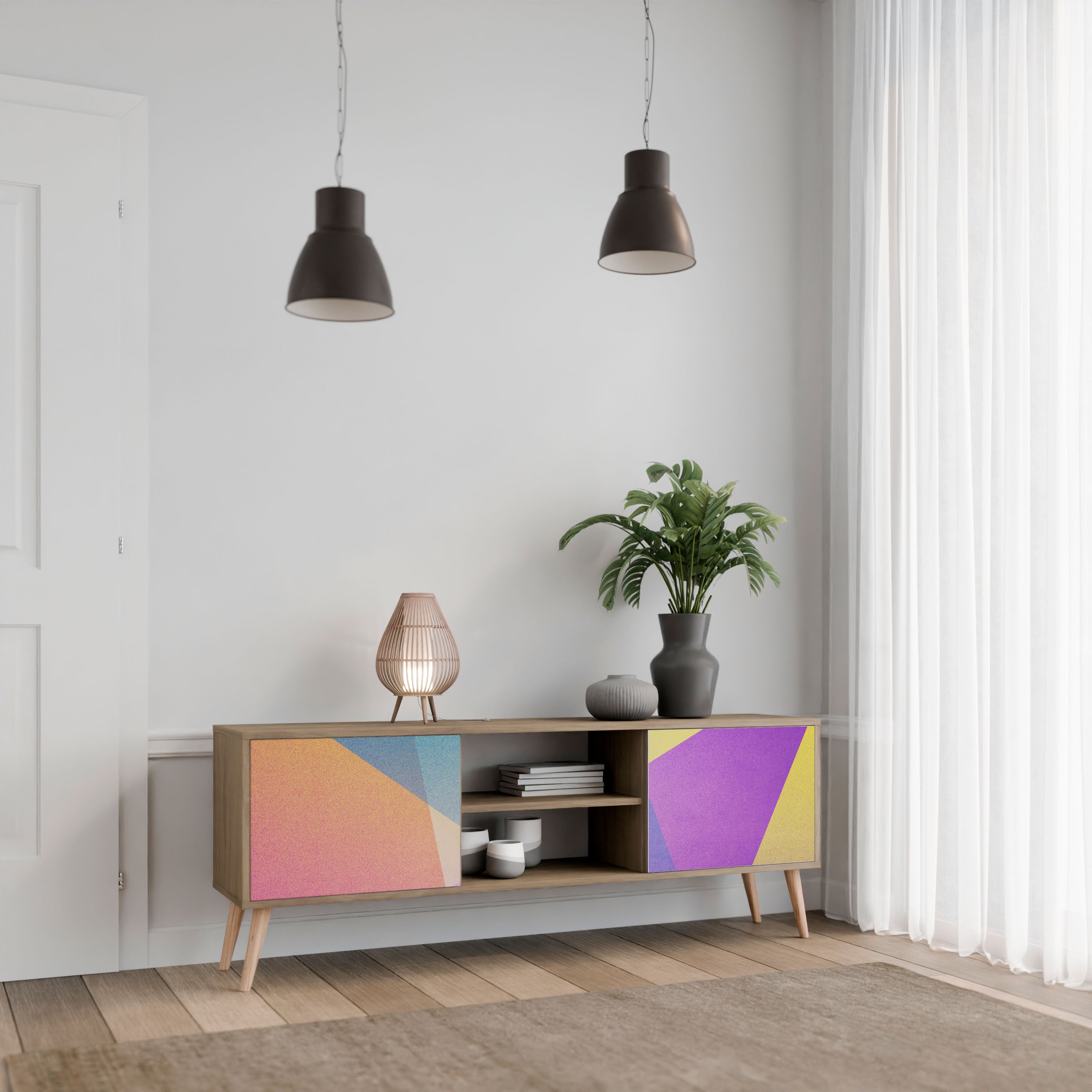 Mueble de TV de 2 puertas BRIGHT GEOMETRY con efecto roble