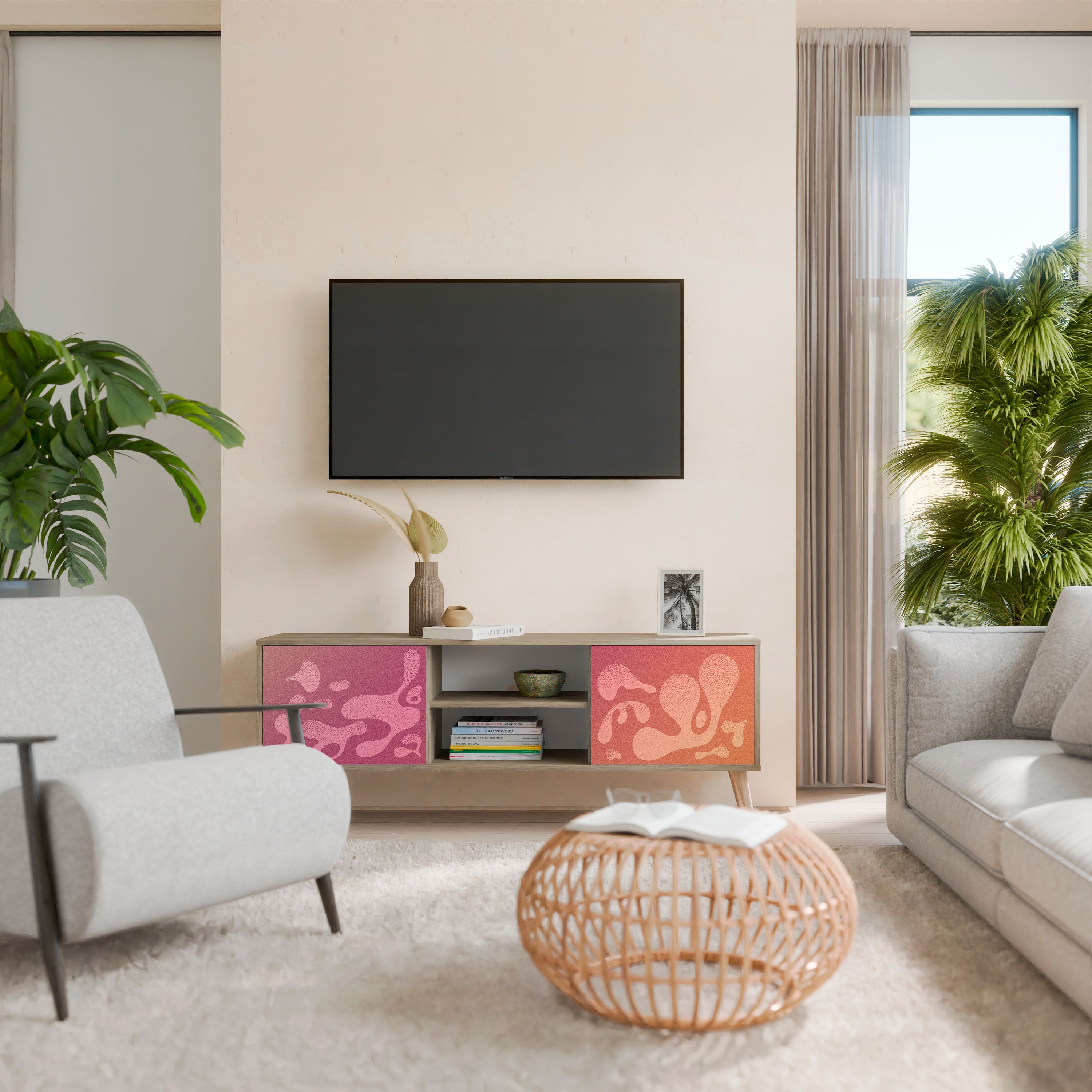 Mueble de TV IRREGULAR PINK de 2 puertas con efecto roble