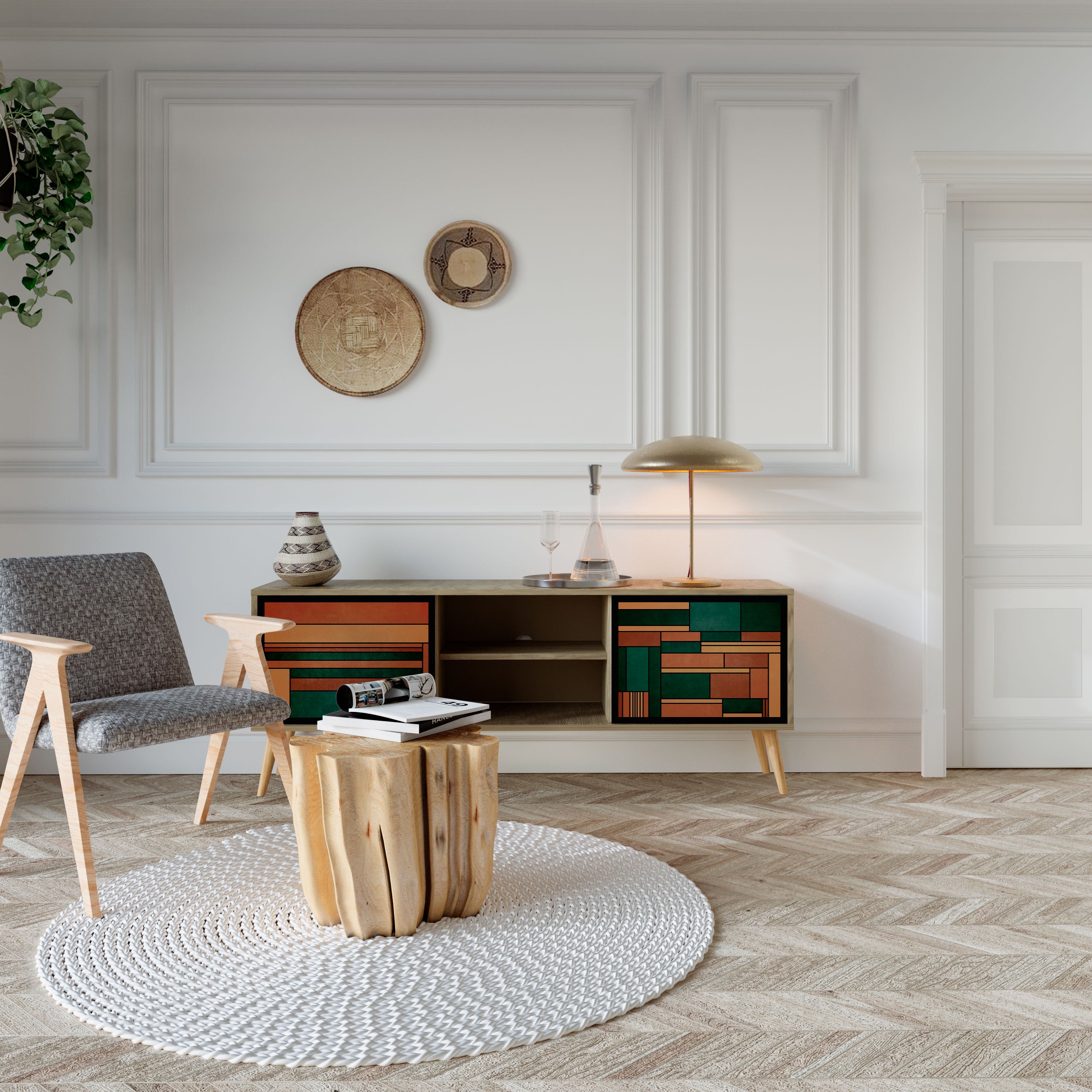 EARTHY FIGURES Mueble de TV de 2 puertas con efecto roble