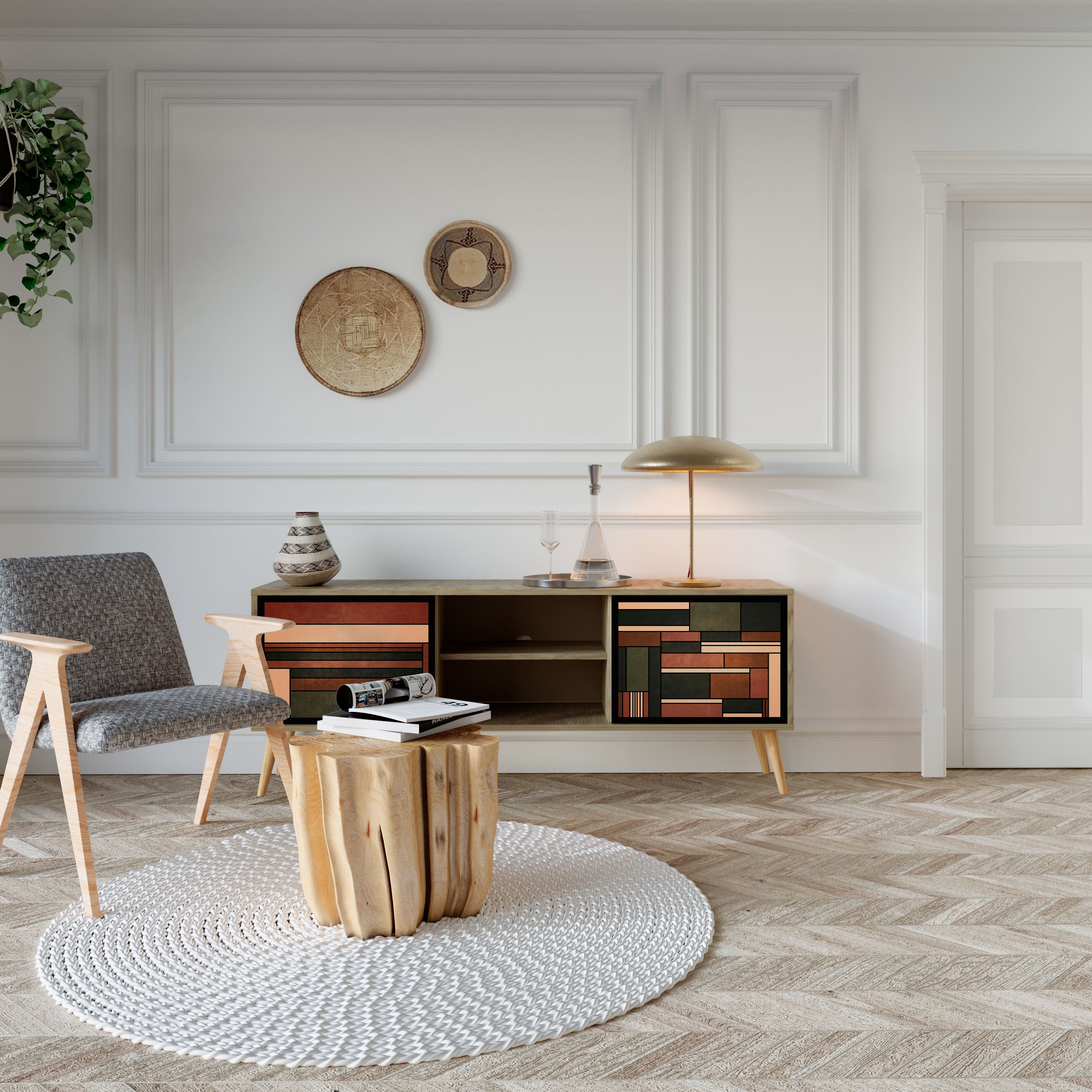 FIGURAS DE LA NATURALEZA Mueble de TV de 2 puertas en efecto roble