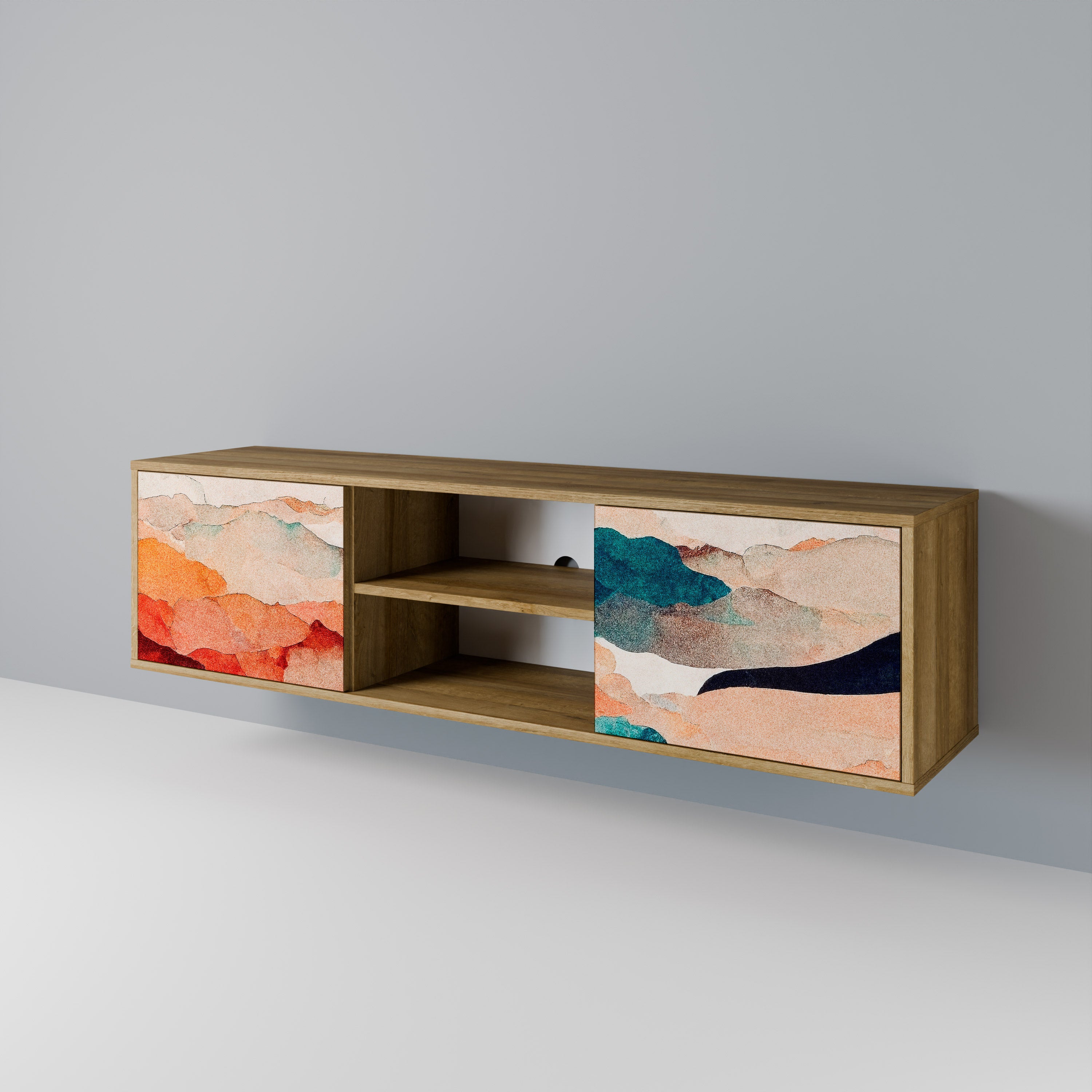 Mueble de TV de 2 puertas PAISAJE ABSTRACTO efecto roble