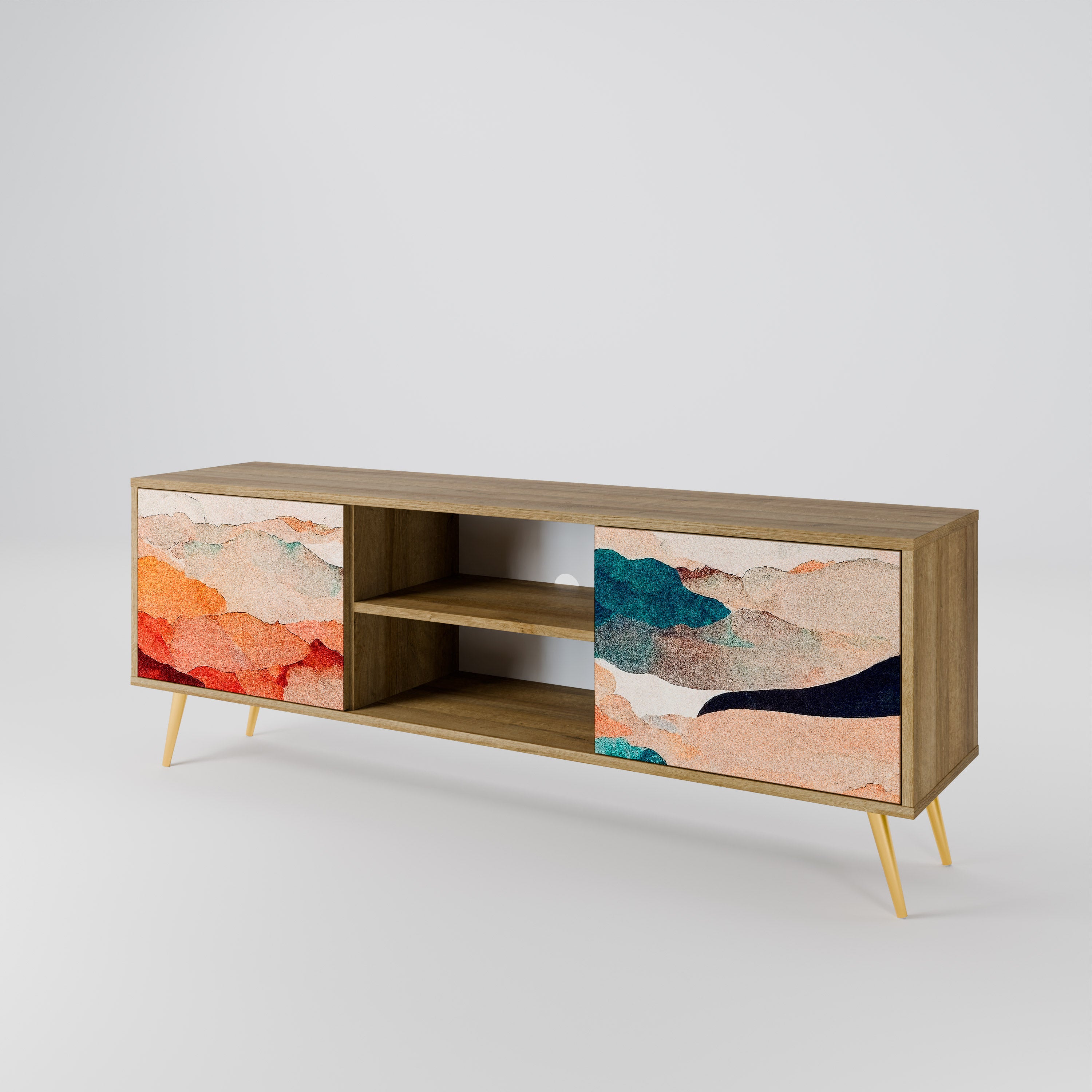 Mueble de TV de 2 puertas PAISAJE ABSTRACTO efecto roble