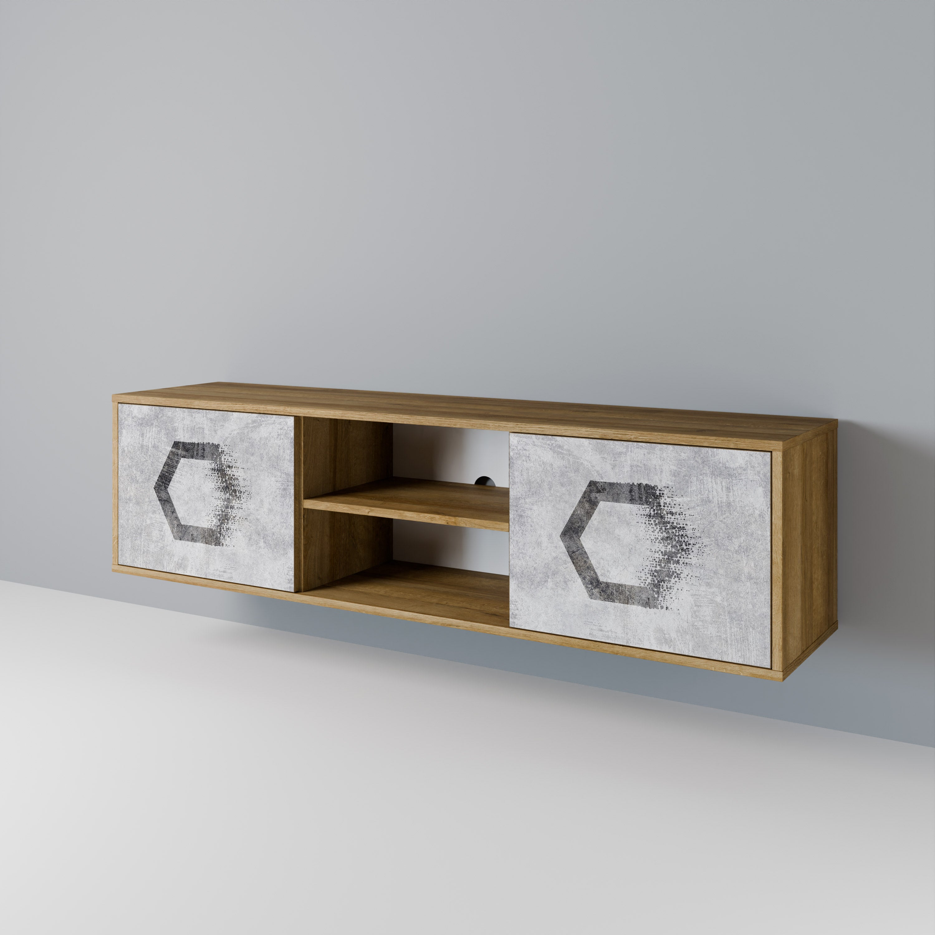 Mueble de TV de 2 puertas FIGURAS HEXAGONALES efecto roble