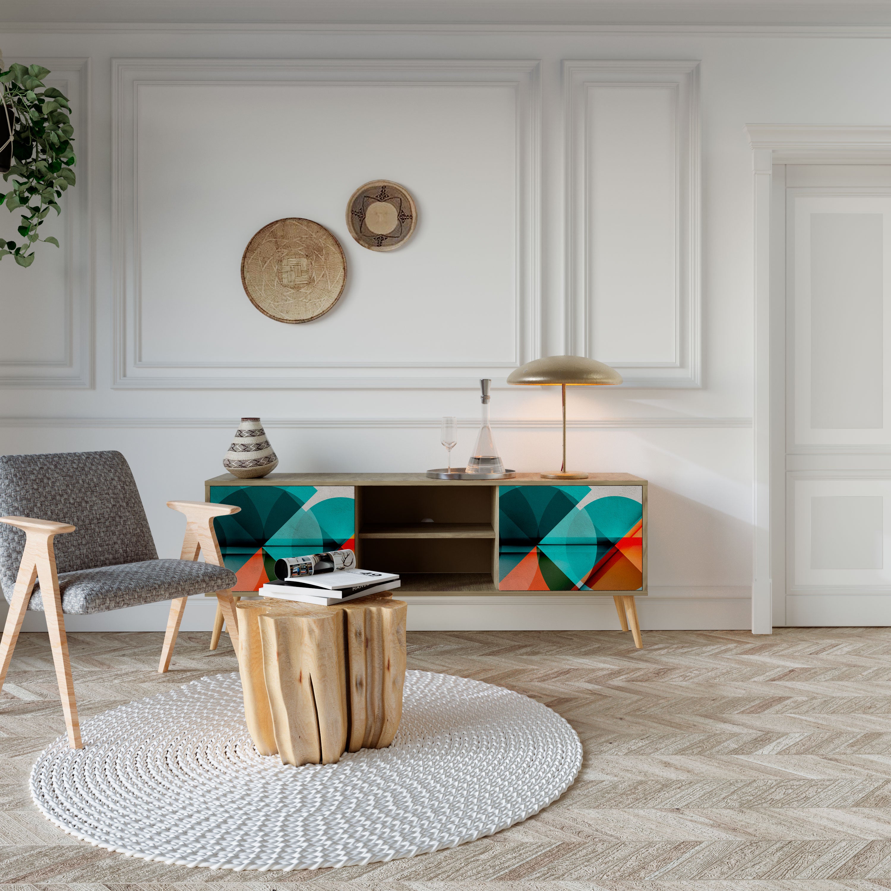 Mueble de TV CIRCULAR RHAPSODY de 2 puertas con efecto roble