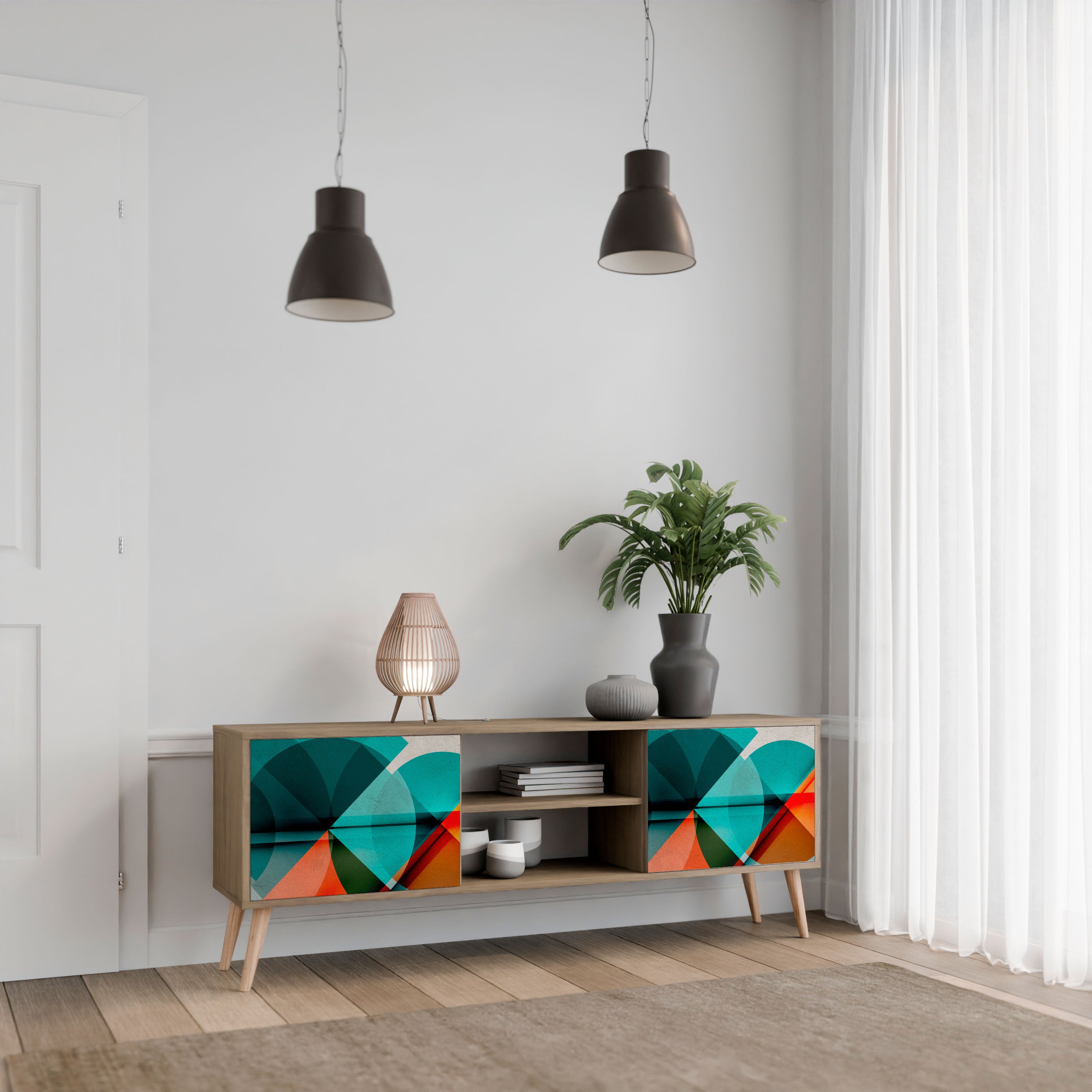 Mueble de TV CIRCULAR RHAPSODY de 2 puertas con efecto roble