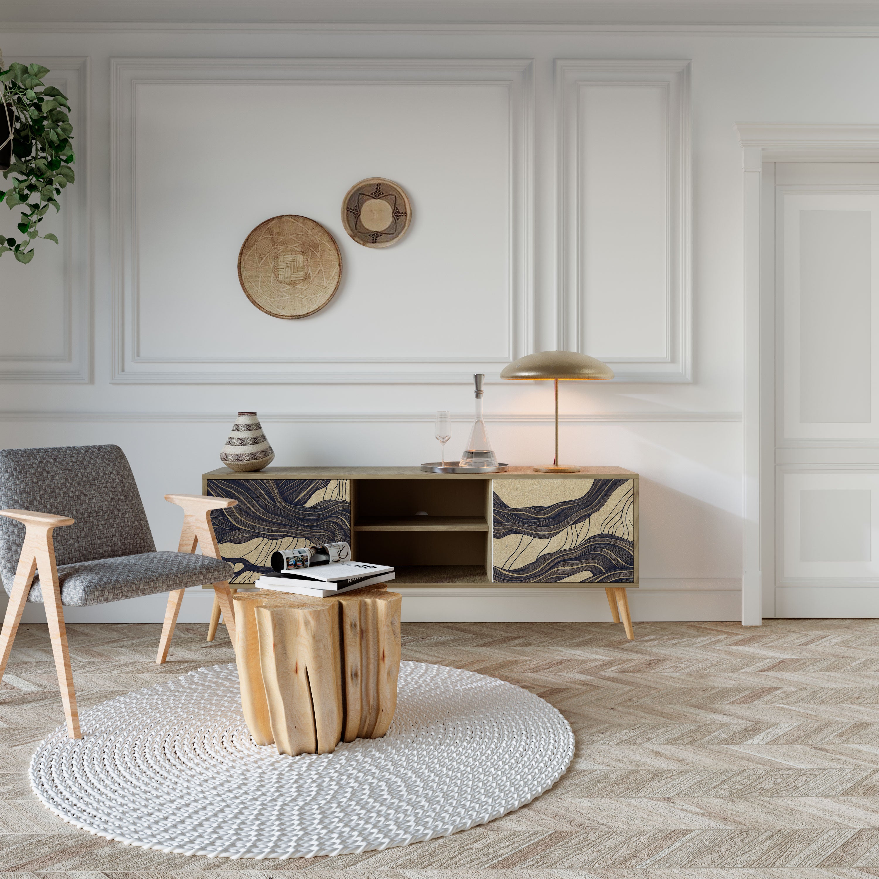 Mueble de TV de 2 puertas UNFIED FRAGMENTS con efecto roble