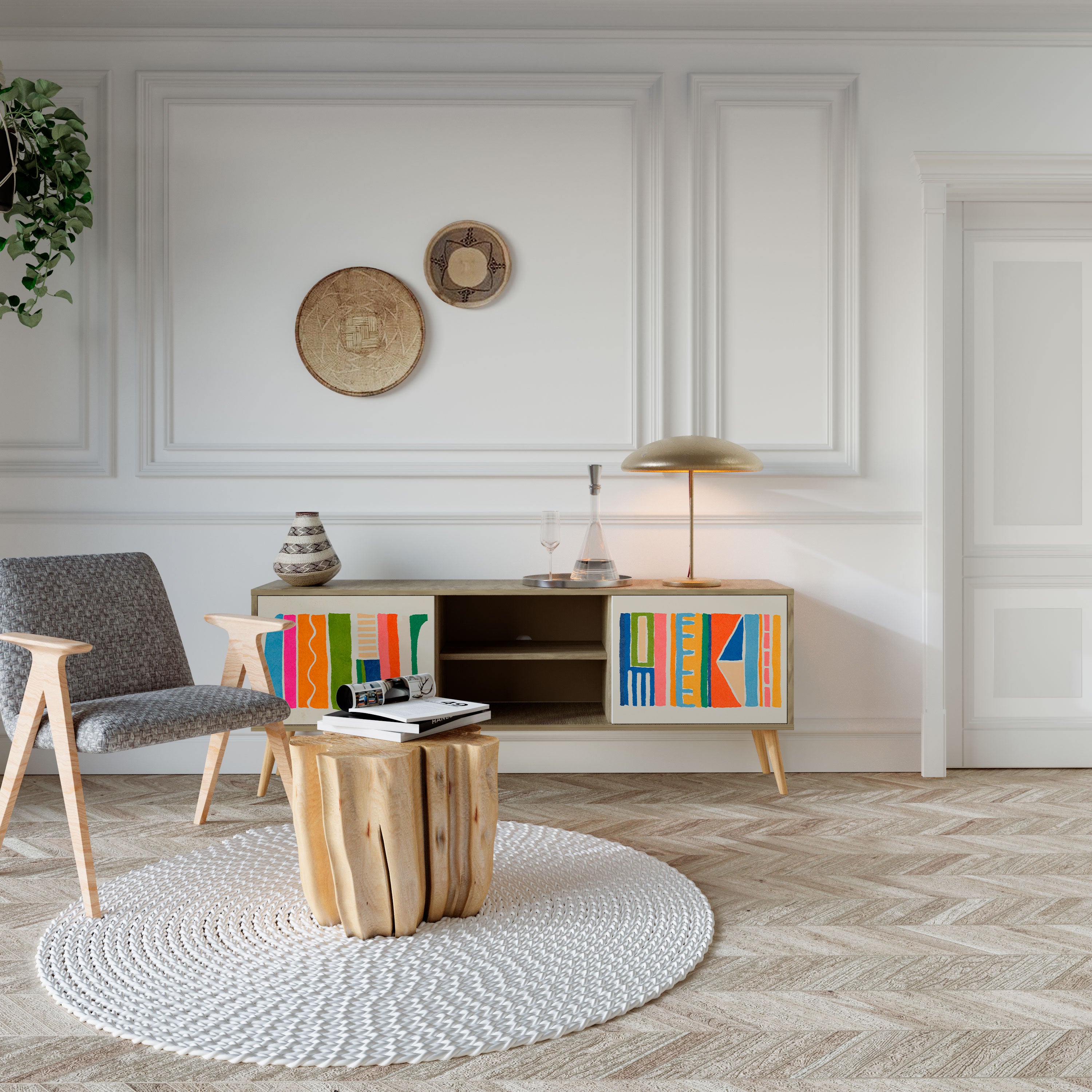 Mueble de TV de 2 puertas GEOMETRIC SHINE con efecto roble