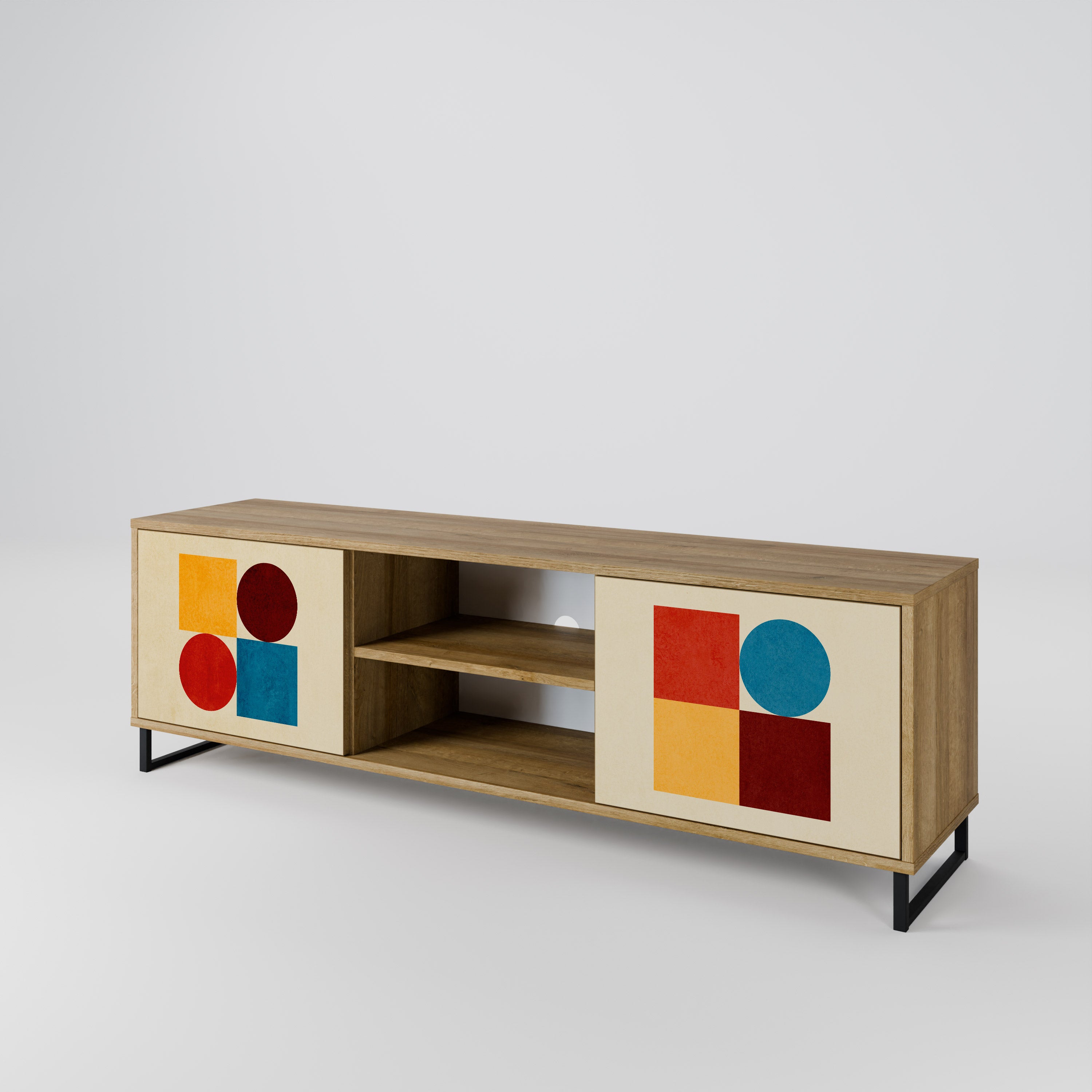 Mueble de TV de 2 puertas GEOMETRIC PUZZLE con efecto roble