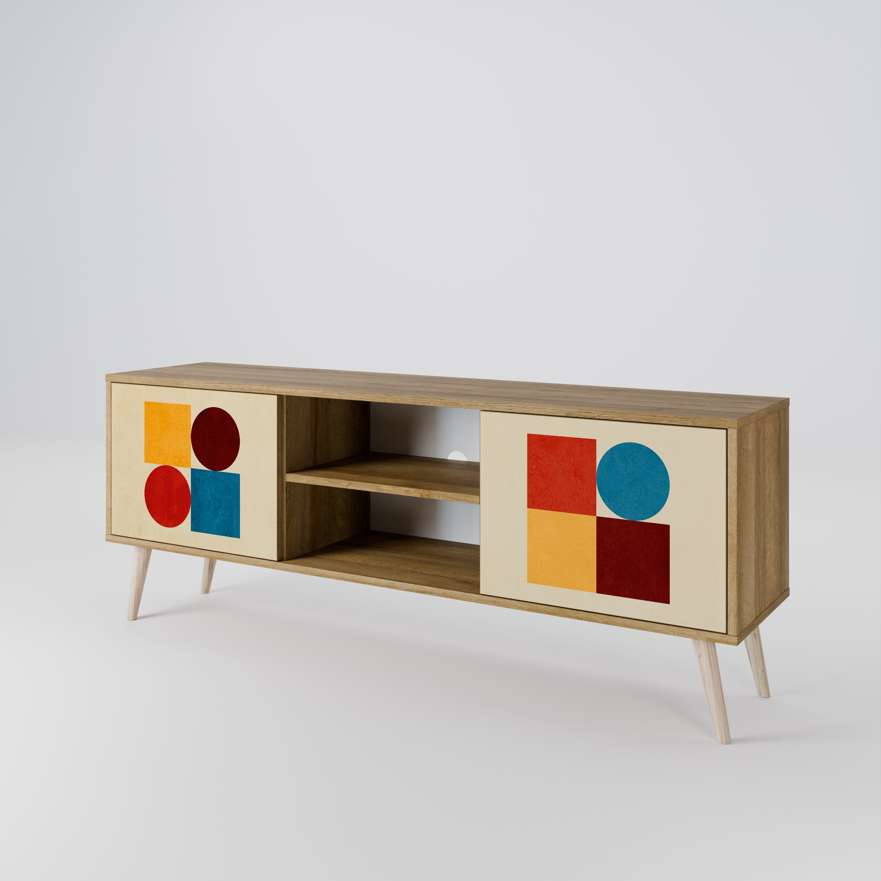 Mueble de TV de 2 puertas GEOMETRIC PUZZLE con efecto roble