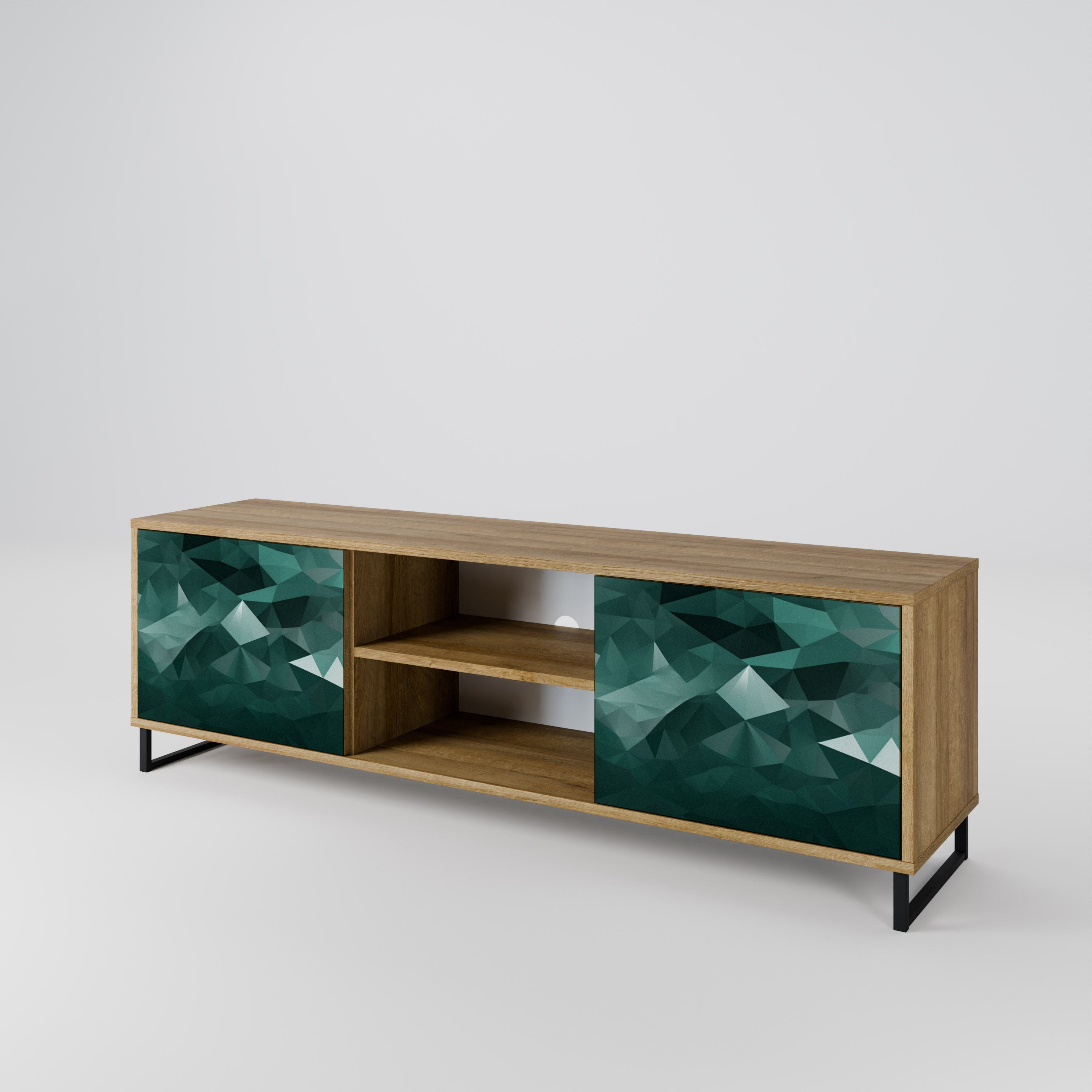 Mueble de TV FLOTANTE POLIGONAL de 2 puertas con efecto roble