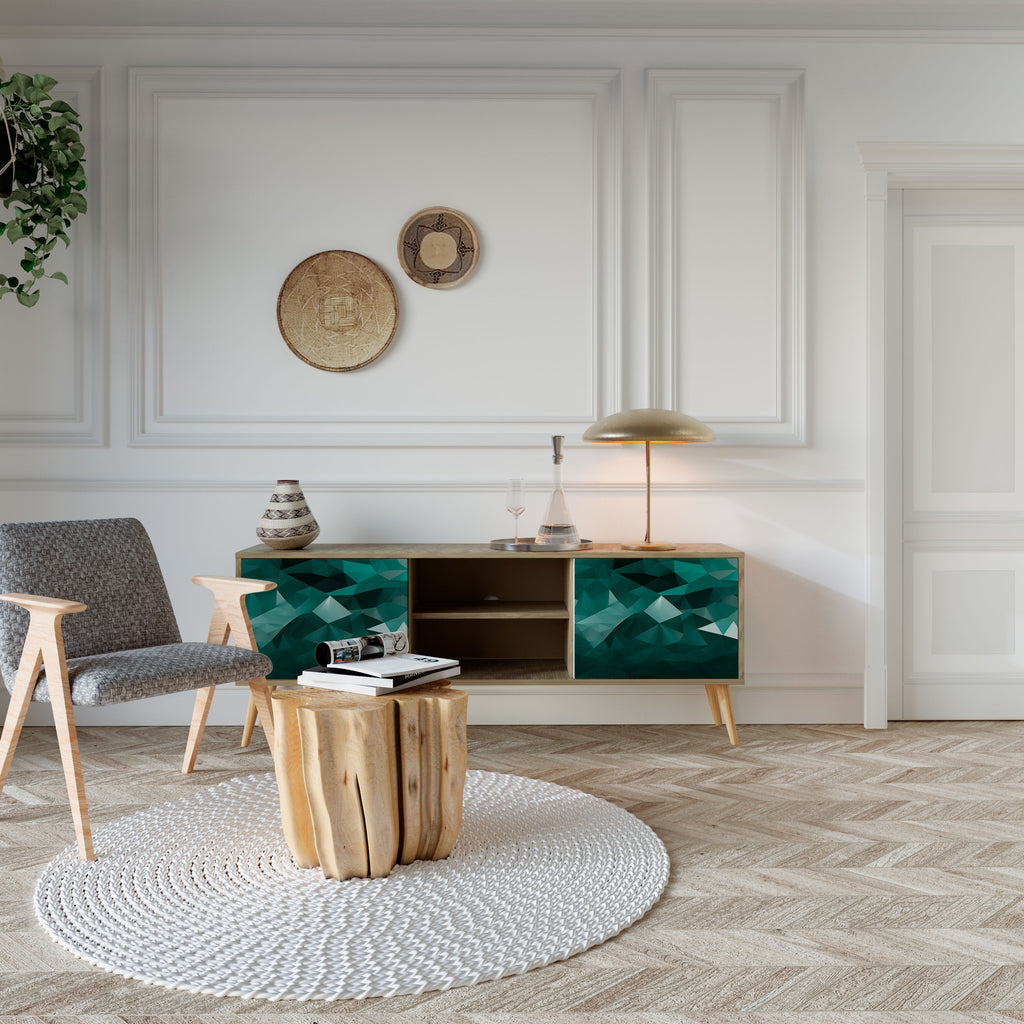 Mueble de TV FLOTANTE POLIGONAL de 2 puertas con efecto roble