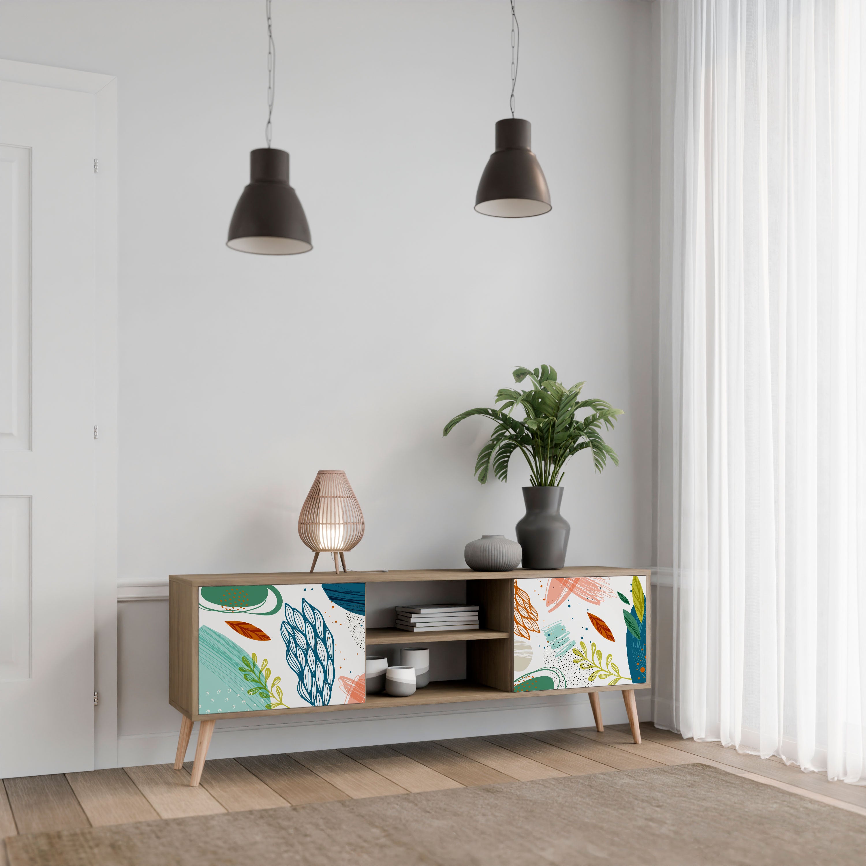 Mueble de TV de 2 puertas BOTANICAL HURRICANE con efecto roble