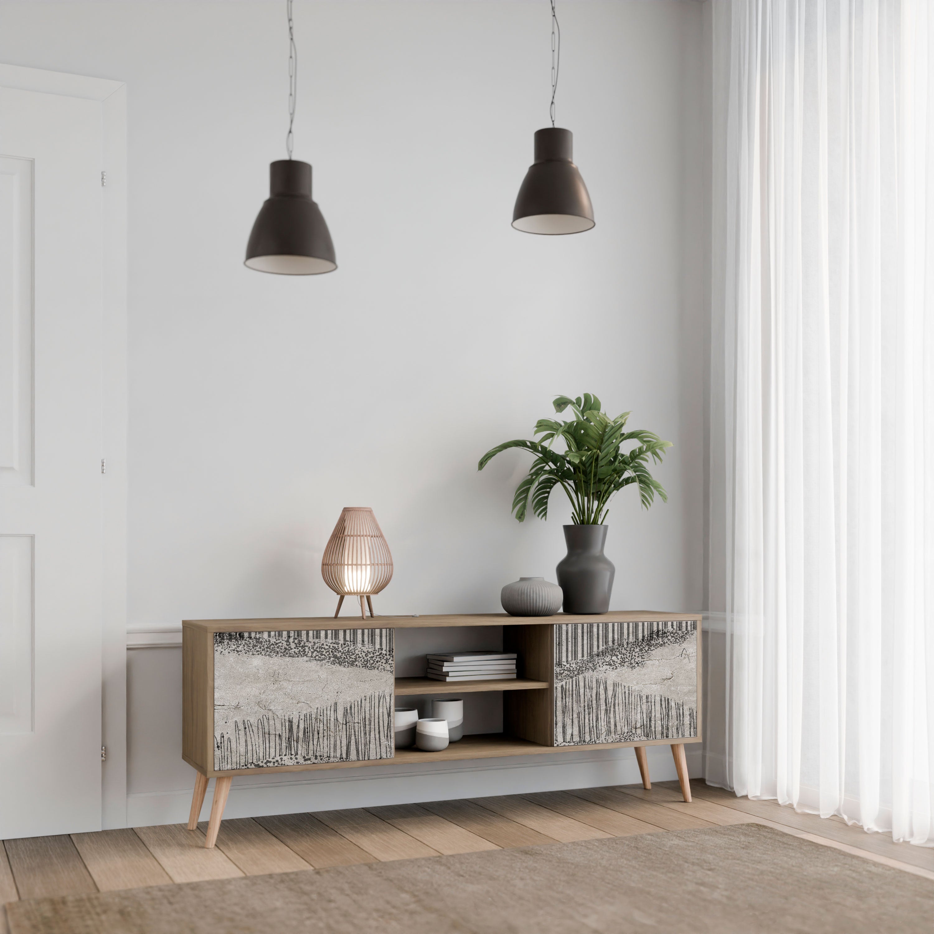 Mueble de TV de 2 puertas GRAIN LINES con efecto roble