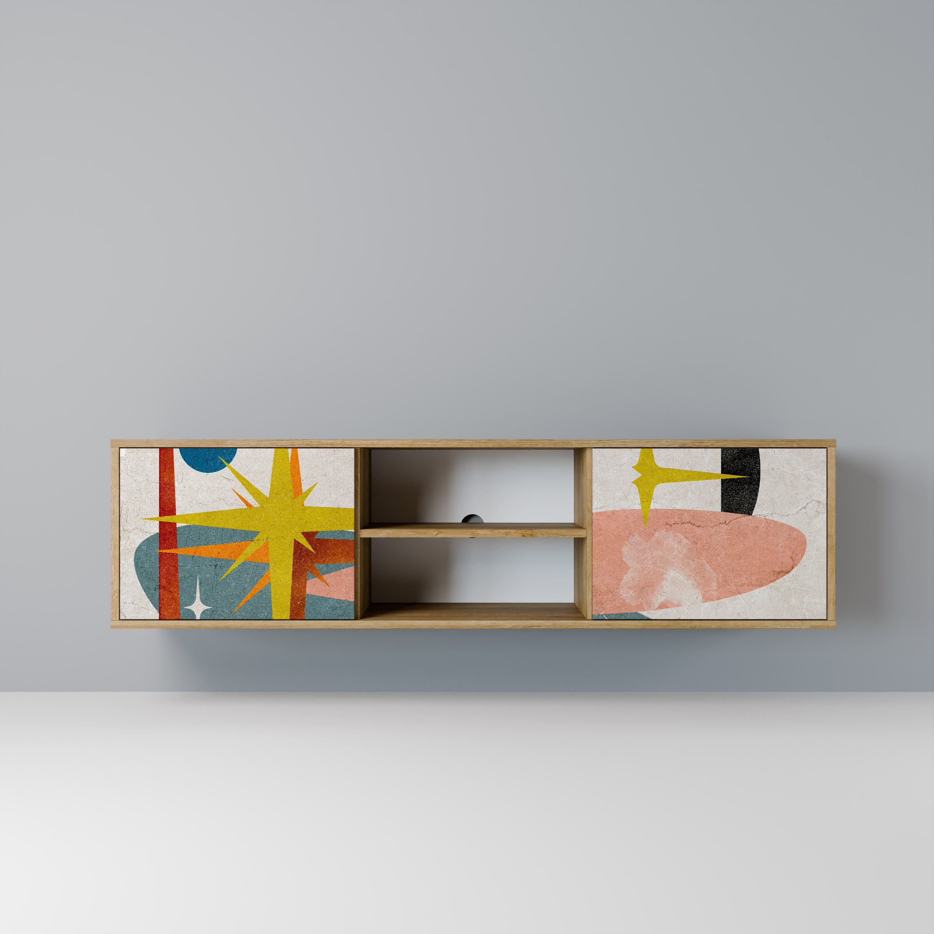 Mueble de TV de 2 puertas INTERSTELLAR VIBES con efecto roble