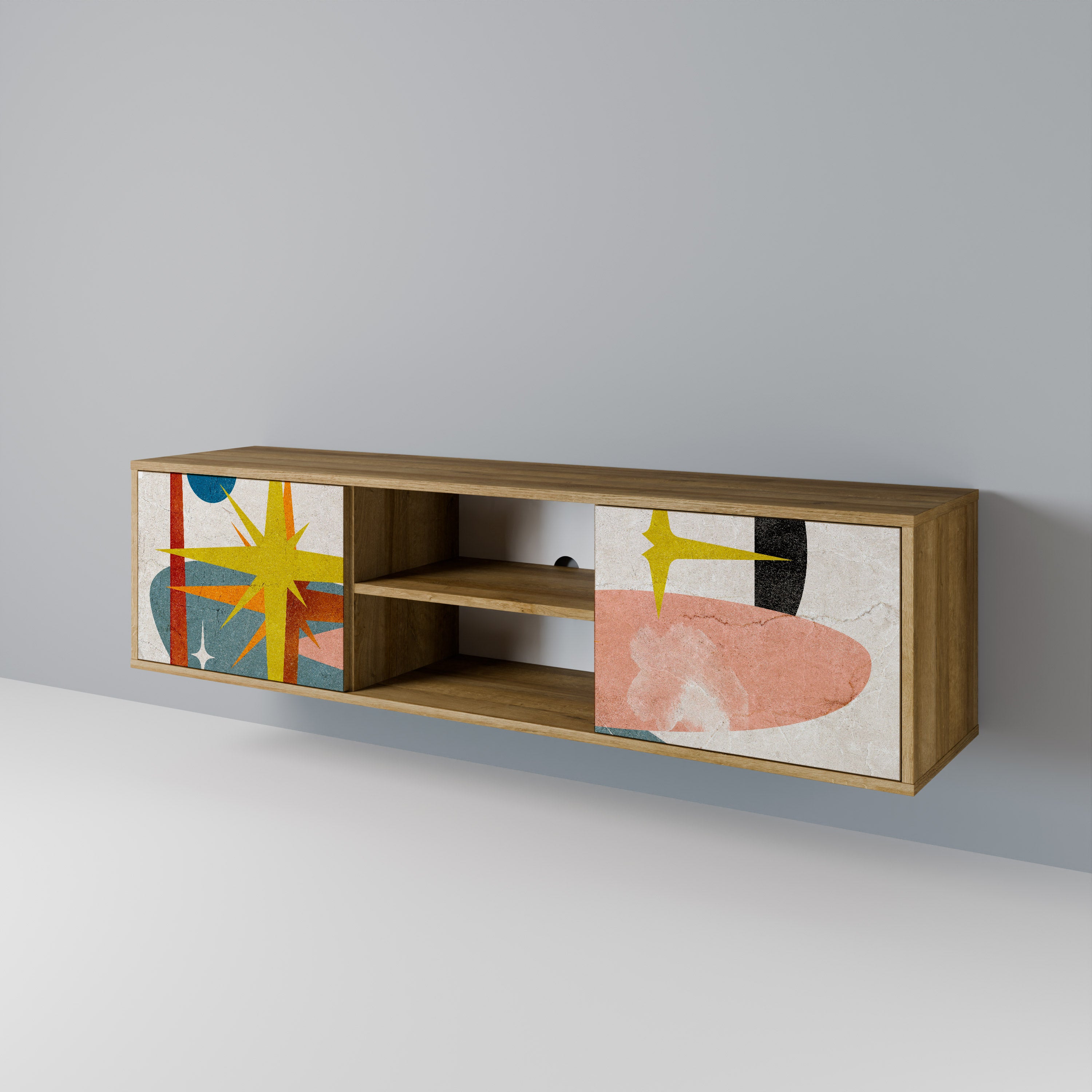 Mueble de TV de 2 puertas INTERSTELLAR VIBES con efecto roble