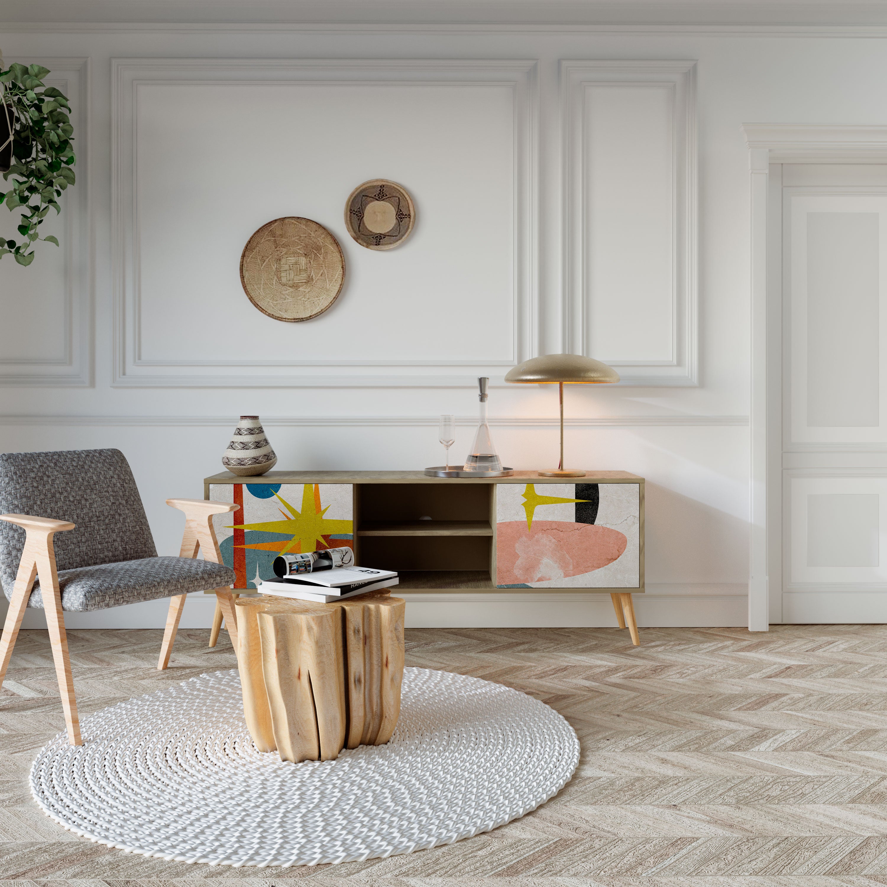 Mueble de TV de 2 puertas INTERSTELLAR VIBES con efecto roble