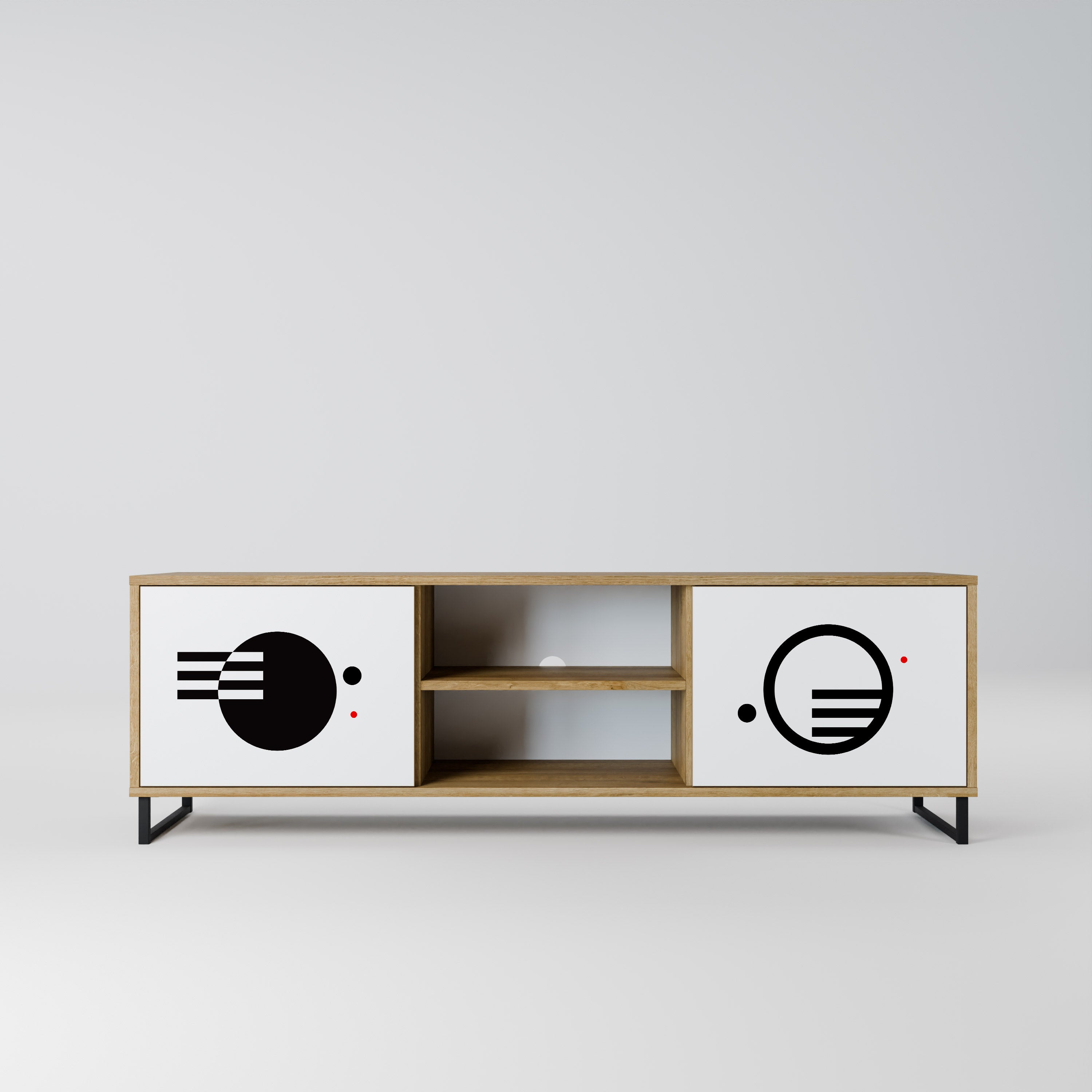 Mueble de TV de 2 puertas con efecto roble COMBINACIÓN BLANCO Y NEGRO