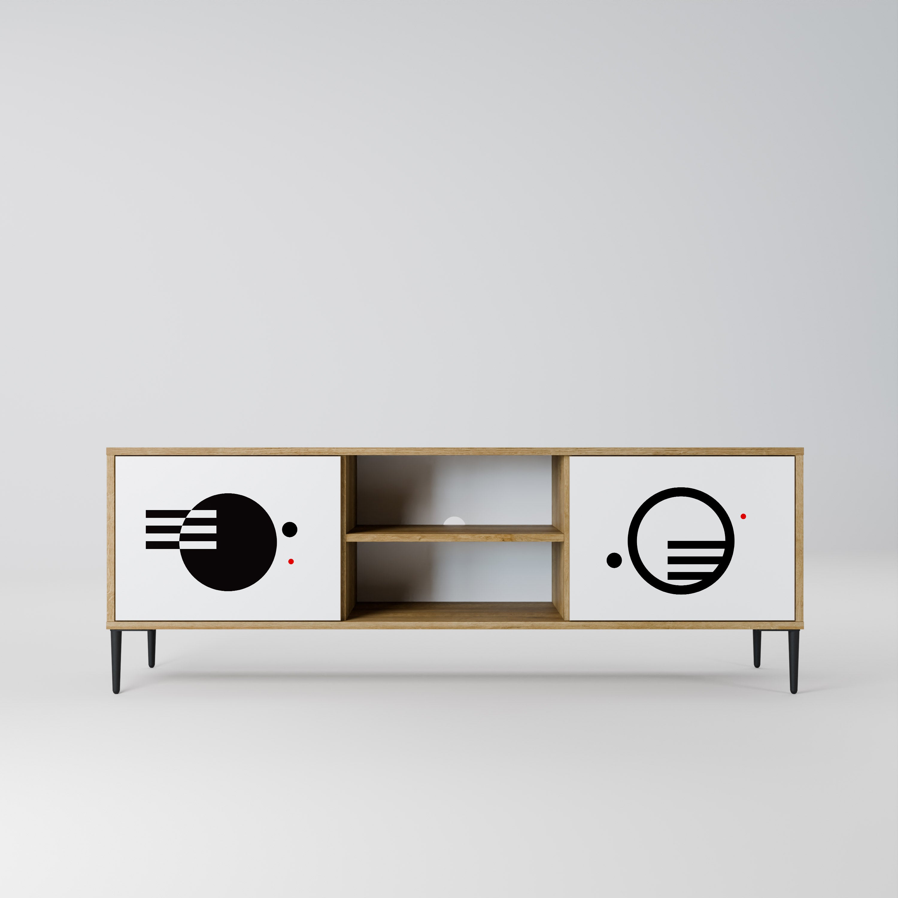 Mueble de TV de 2 puertas con efecto roble COMBINACIÓN BLANCO Y NEGRO