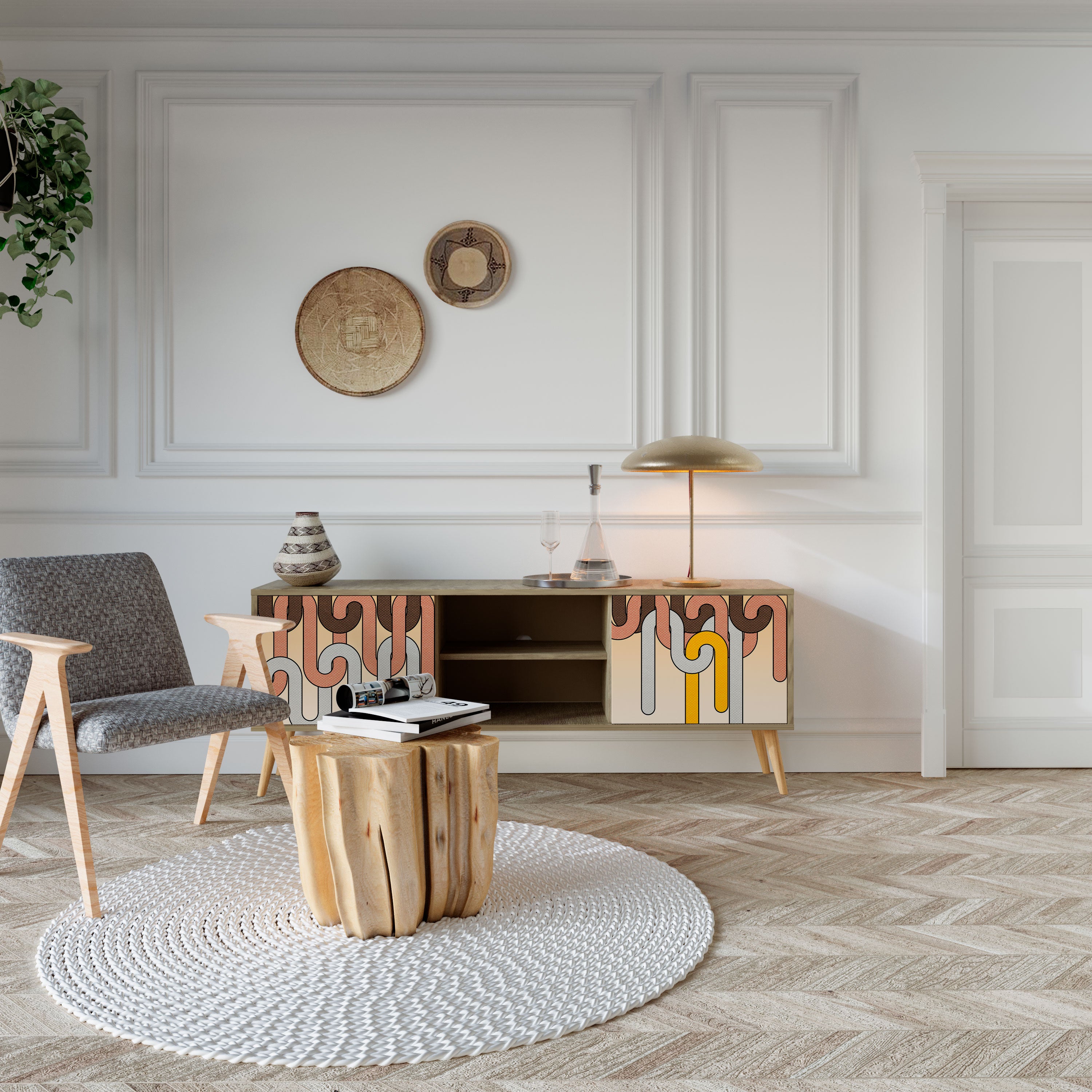 Mueble de TV de 2 puertas COLORFUL STRINGS con efecto roble