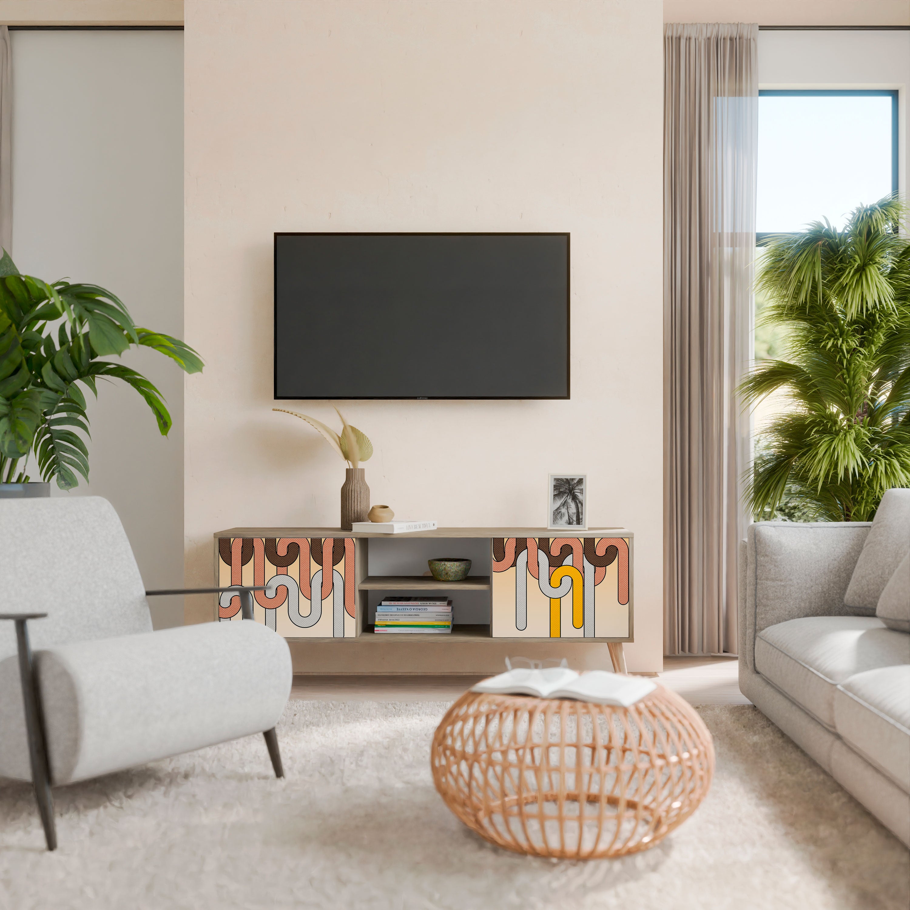 Mueble de TV de 2 puertas COLORFUL STRINGS con efecto roble