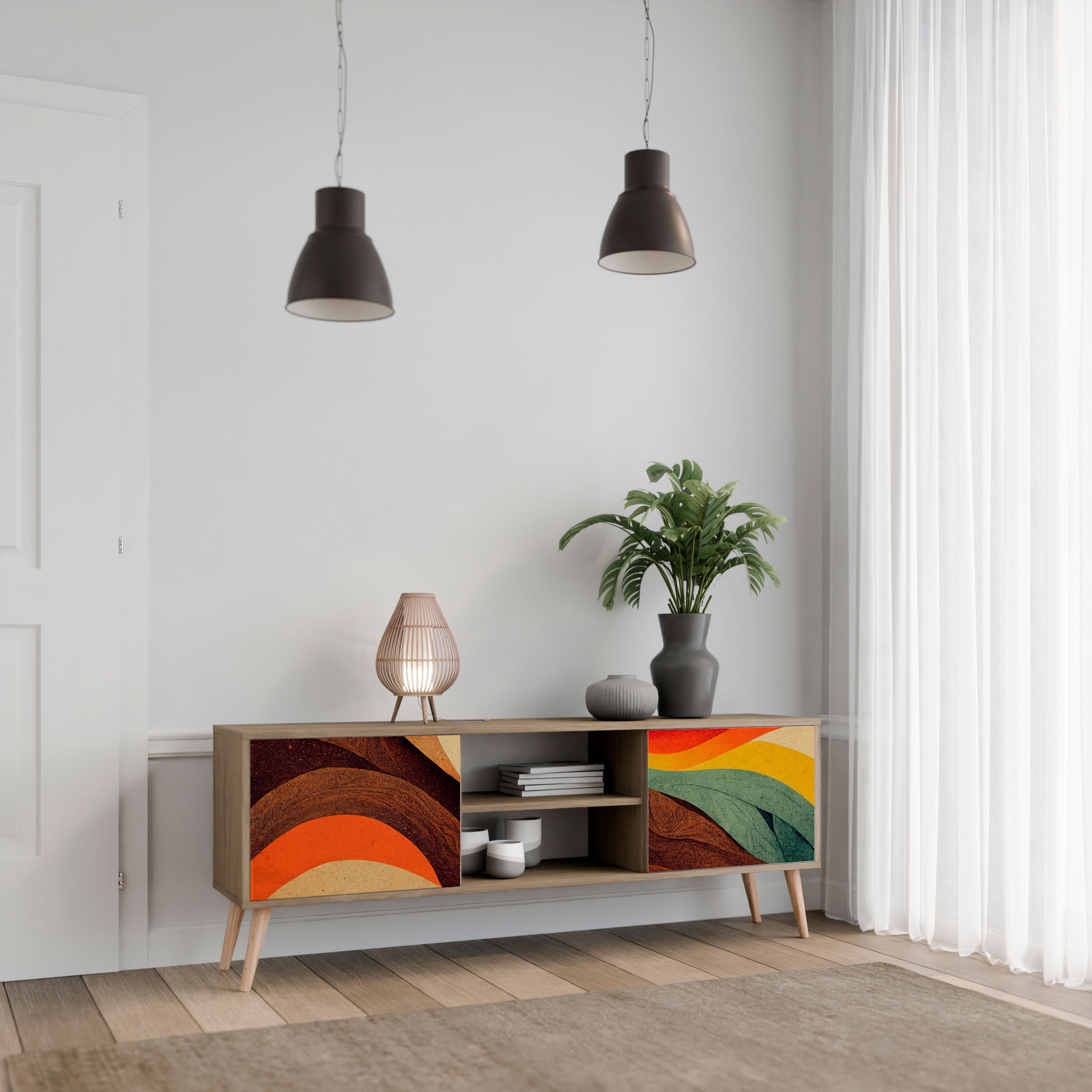 Mueble de TV de 2 puertas COLORFUL STRANDS con efecto roble