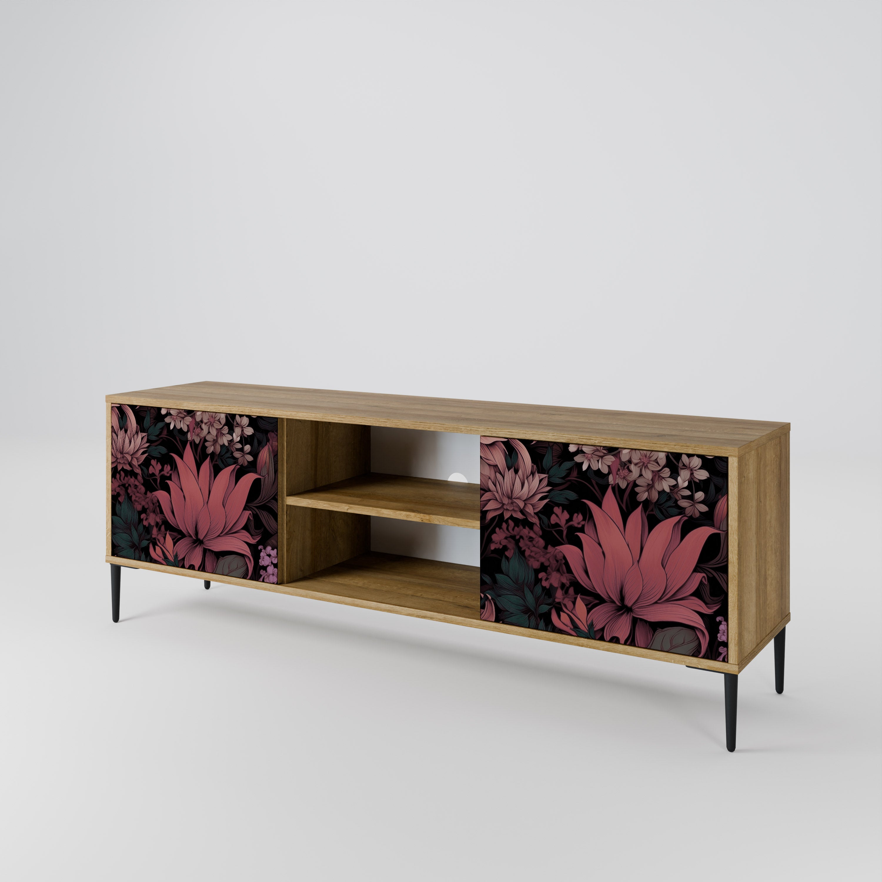 Mueble de TV de 2 puertas FLORAL WHISPER con efecto roble