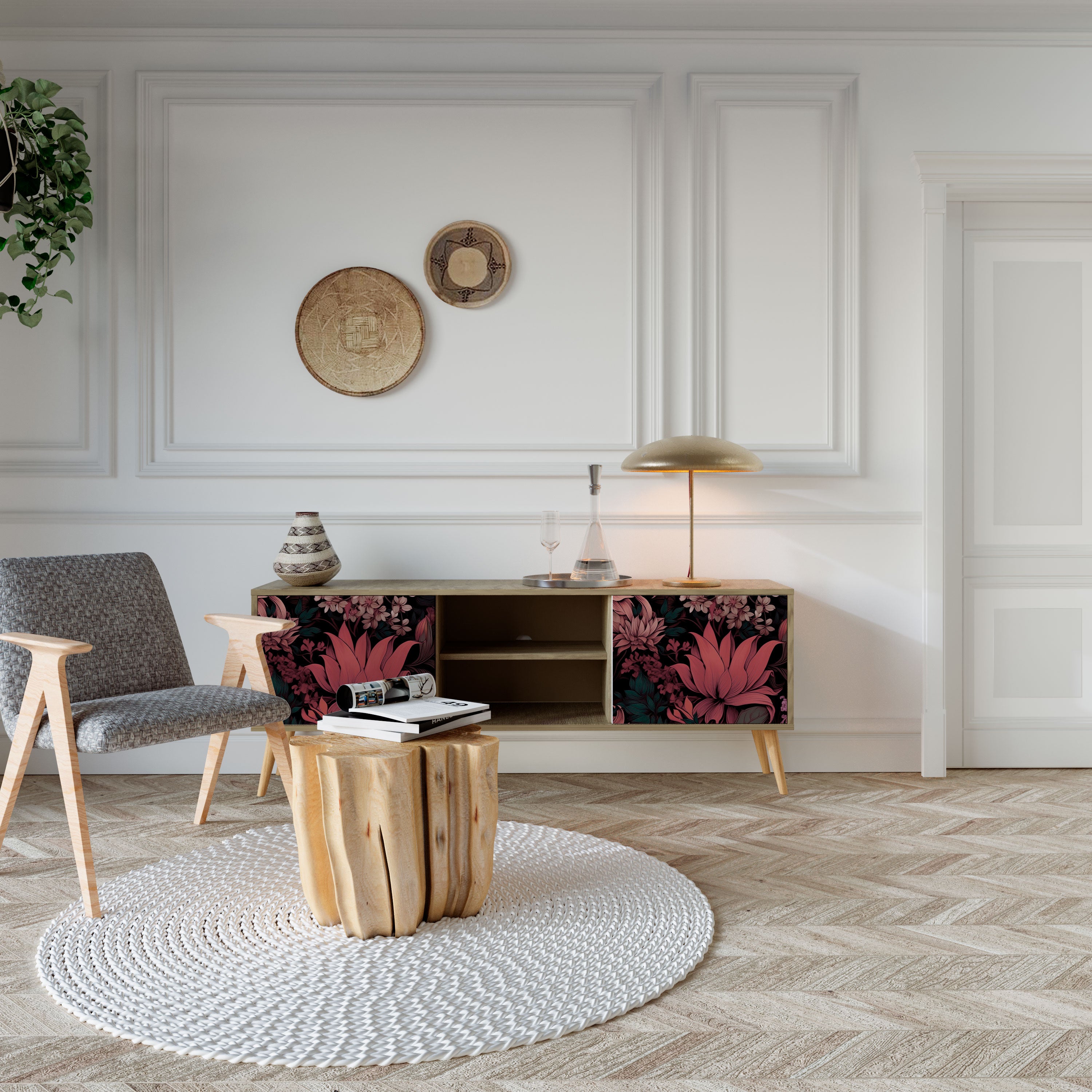 Mueble de TV de 2 puertas FLORAL WHISPER con efecto roble