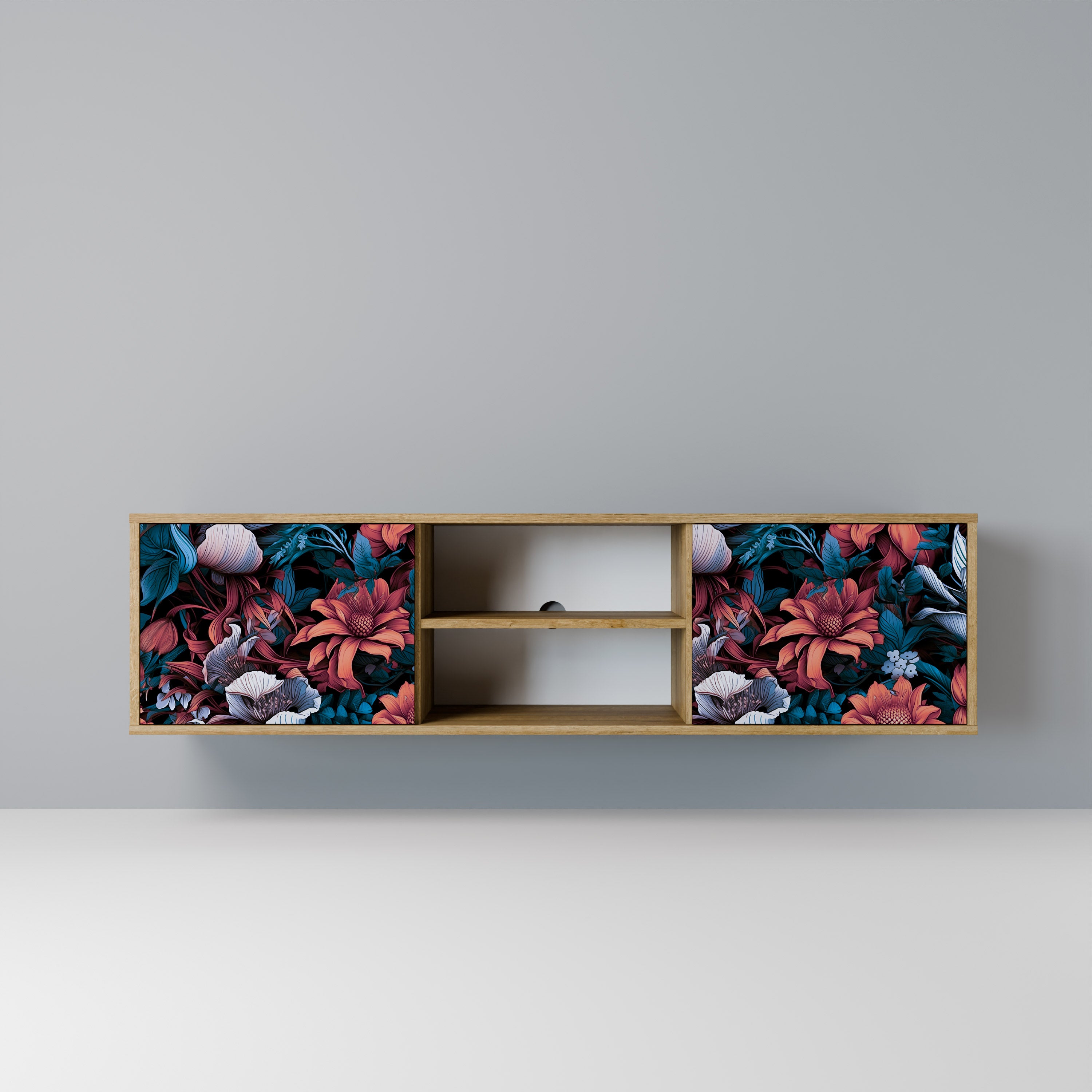 Mueble de TV de 2 puertas ETHEREAL BLOSSOMS con efecto roble