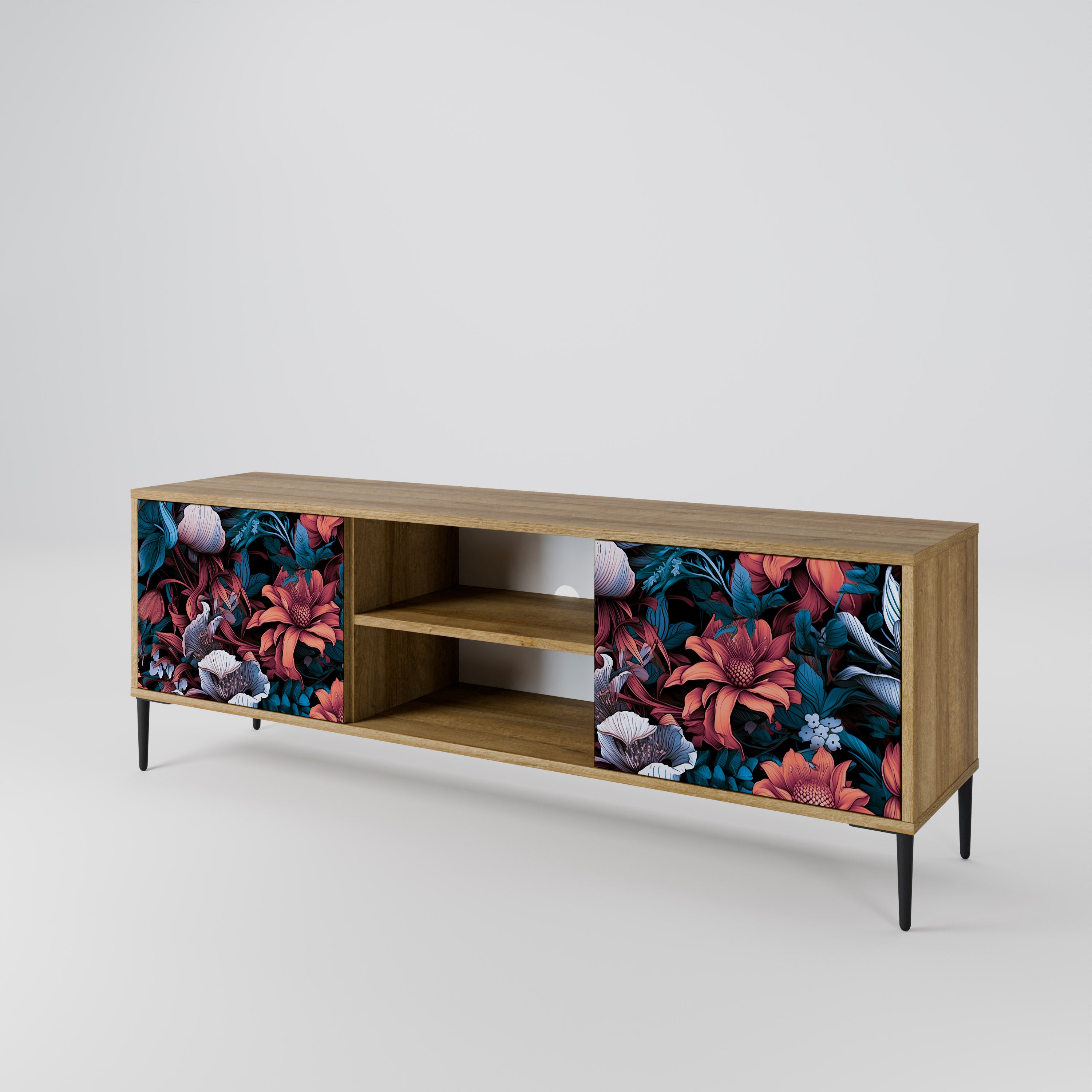 Mueble de TV de 2 puertas ETHEREAL BLOSSOMS con efecto roble