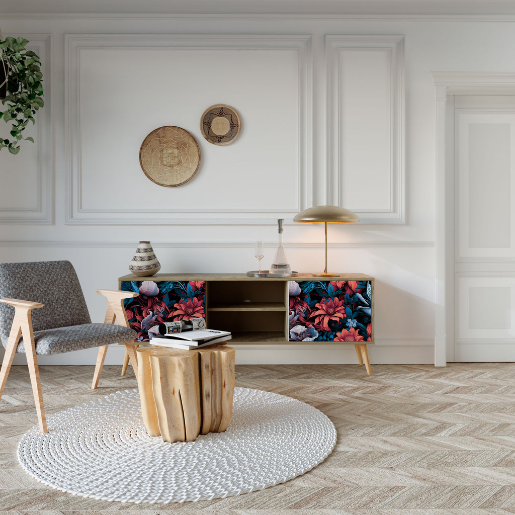 Mueble de TV de 2 puertas ETHEREAL BLOSSOMS con efecto roble